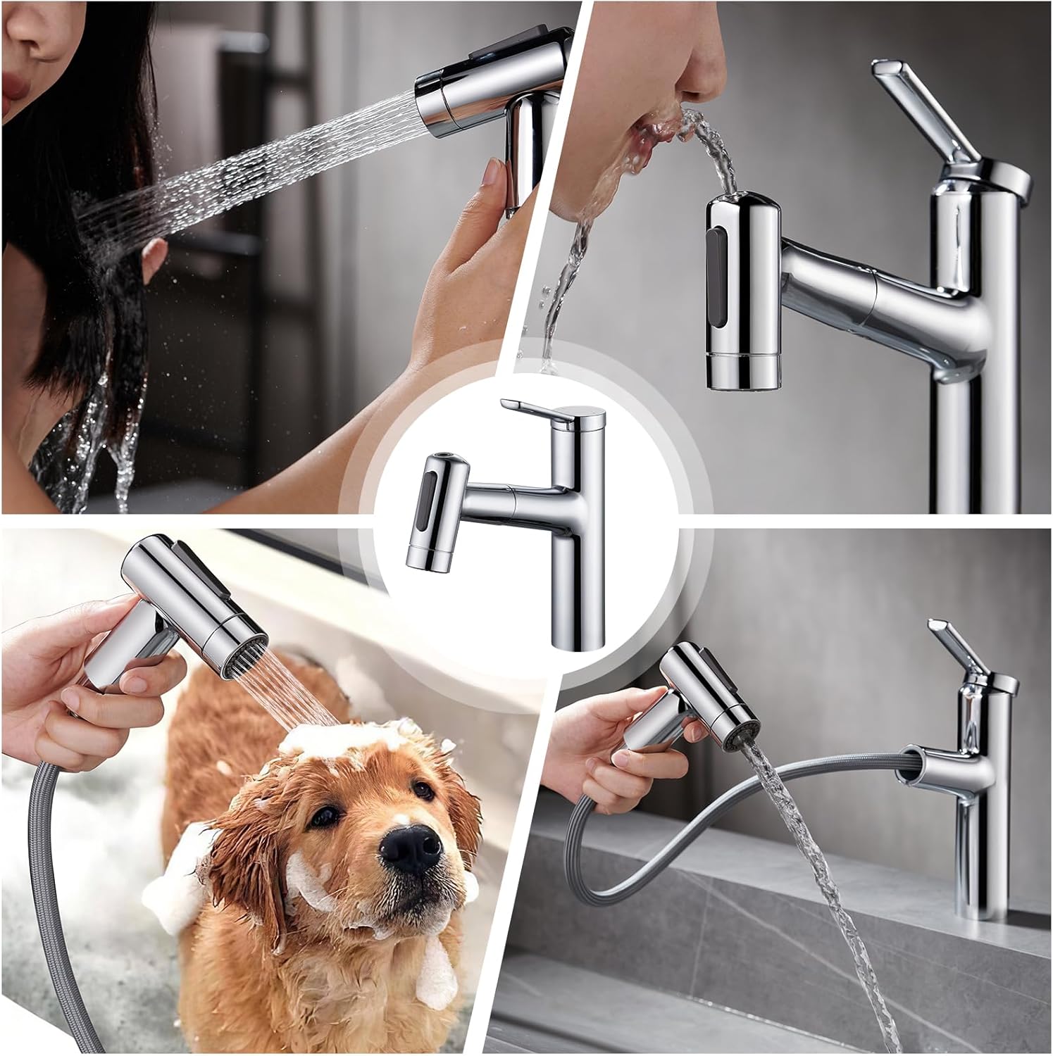 Grifo de baño con rociador extraíble, grifo de lavabo de baño de un solo agujero, cromado de una sola manija, grifo de tocador con boquilla