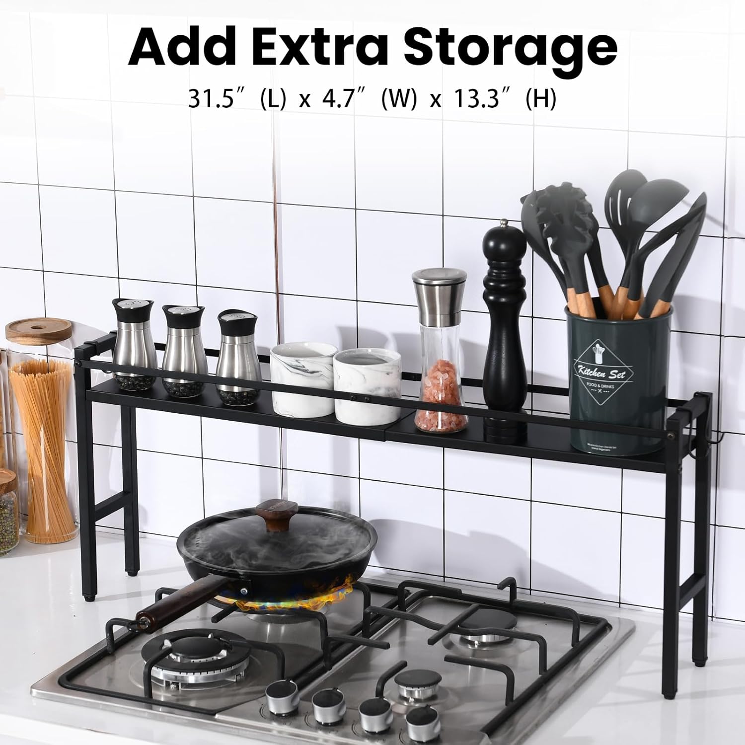 Estante para estufa, estante de especias para cocina, estante organizador de especias con 4 ganchos para encimera de almacenamiento adicional,