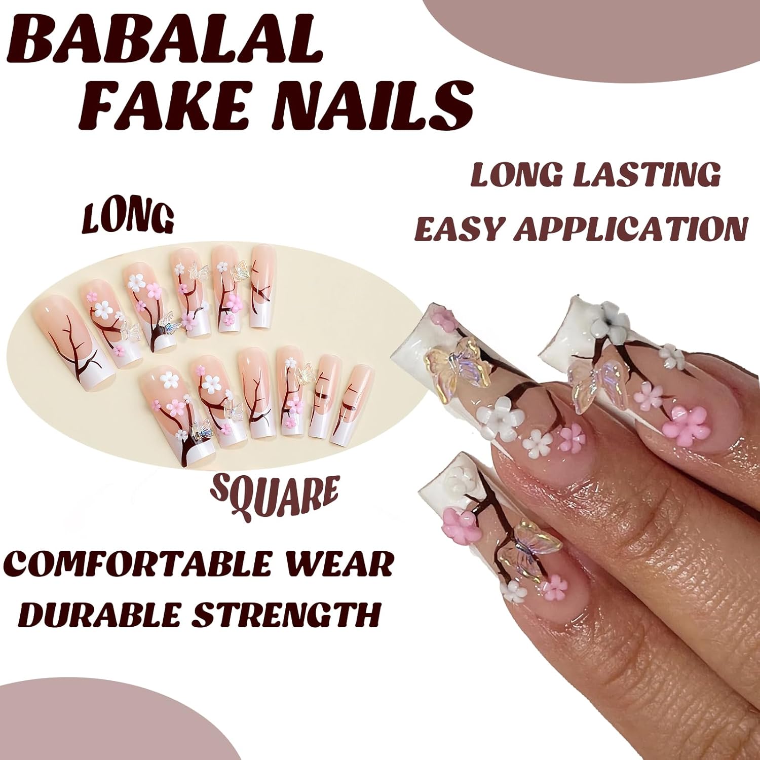 BABALAL Uñas postizas a presión de punta francesa, uñas postizas largas y cuadradas, uñas blancas con pegamento en 3D, diseño de mariposa, uñas