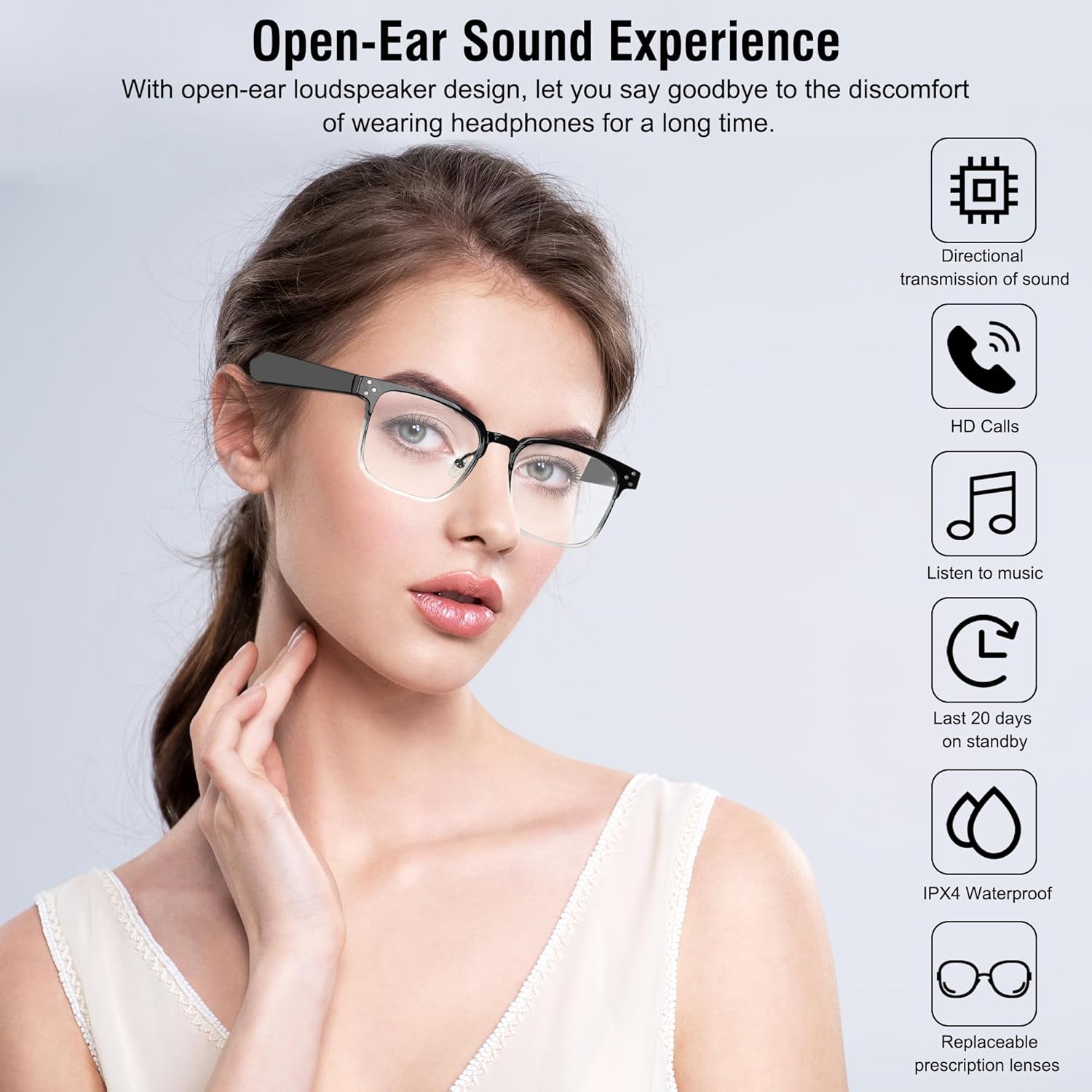 DOVIICO Lentes inteligentes con audio Bluetooth con altavoces, gafas de música, asistente de voz táctil, lentes de luz azul, llamadas manos libres,