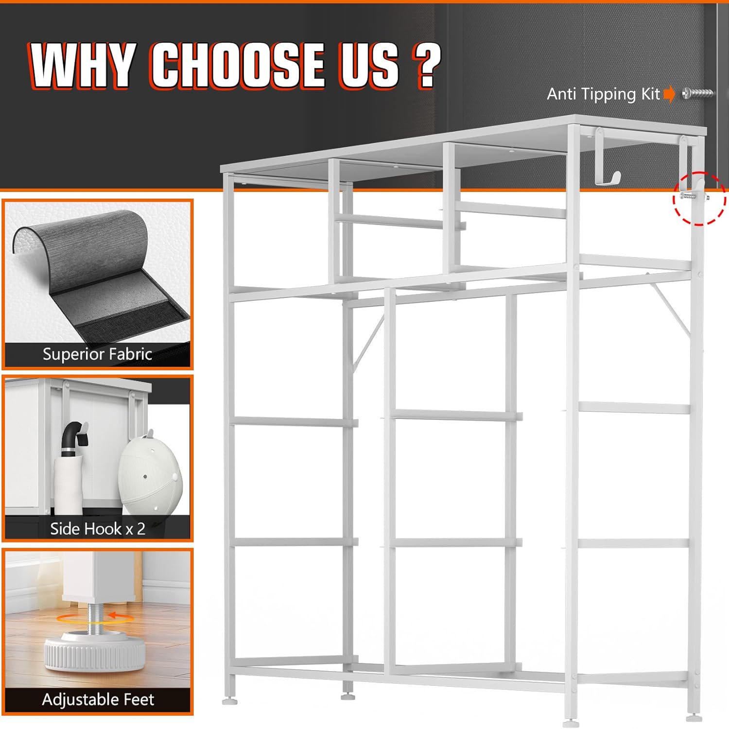 Cómoda de 10 cajones, cómoda para dormitorio, cómoda de poliuretano con bolsillos laterales, ganchos, parte superior de madera y marco de metal
