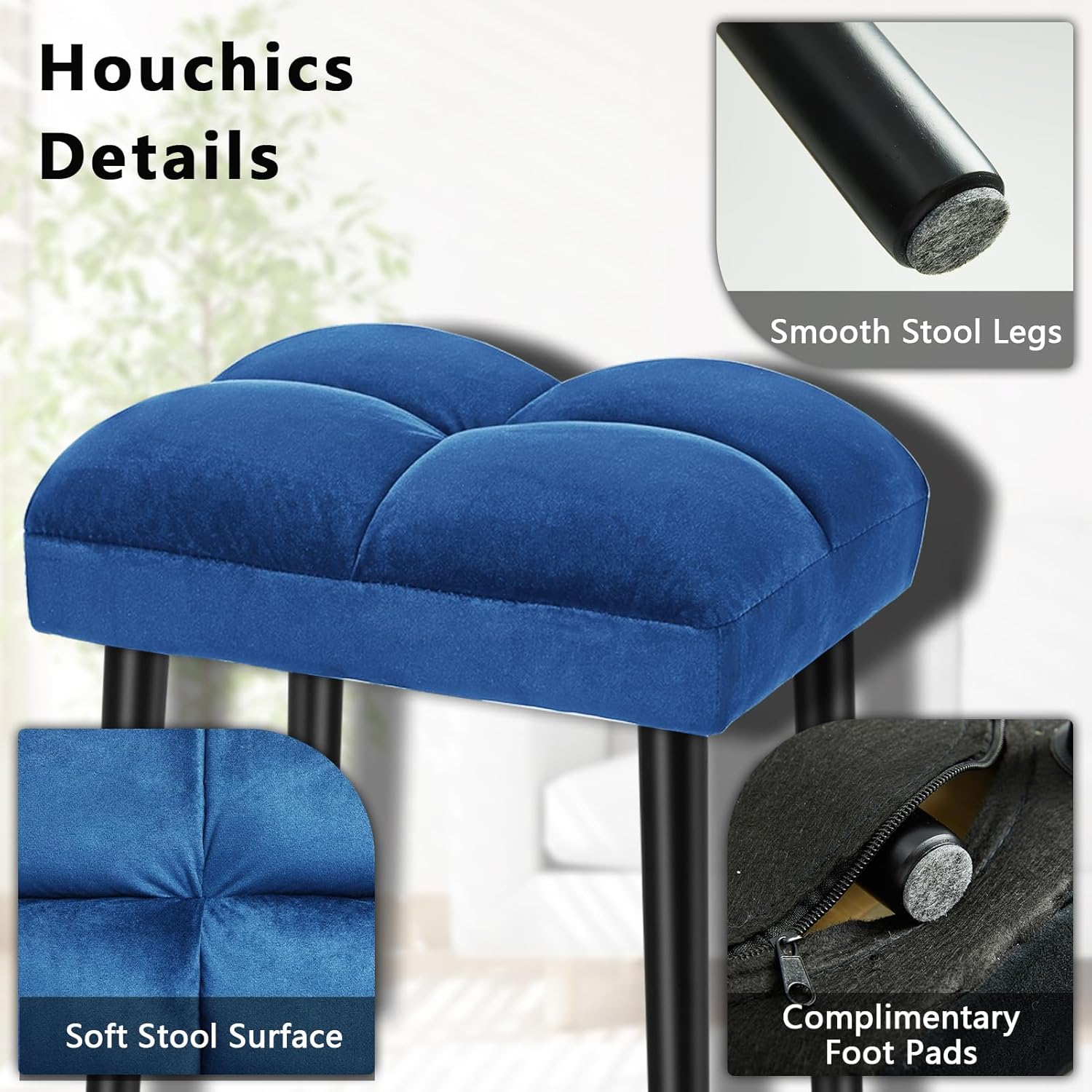 HOUCHICS Taburete otomano suave azul, taburete cuadrado de maquillaje con patas de madera, pequeña silla otomana para tocador, asiento acolchado