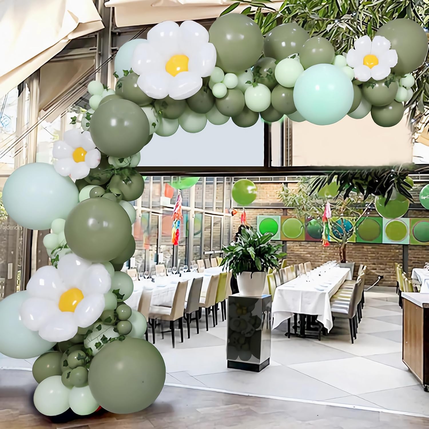 Kit de guirnalda de arco de globos de margaritas de flores, globos verde salvia pastel macarrón, arco de globos de dinosaurio hawaiano tropical para