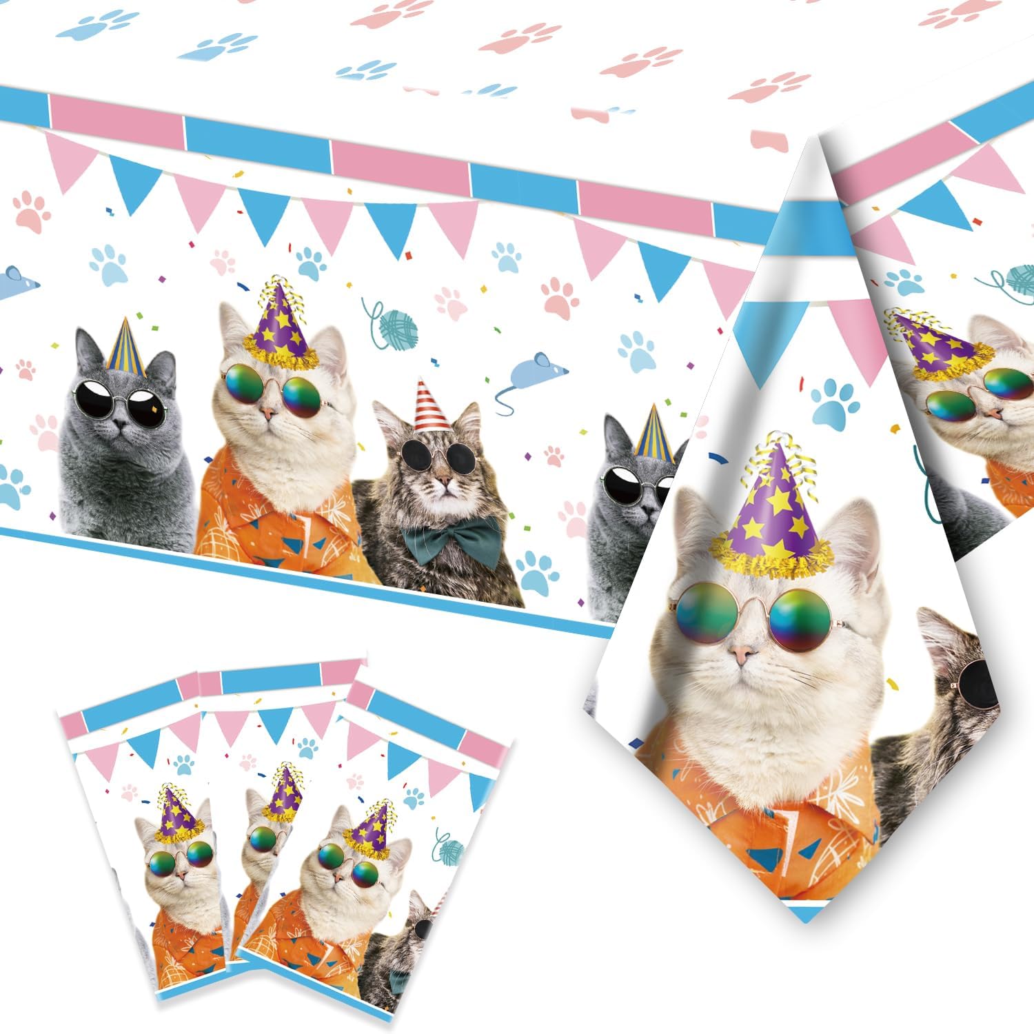 Mantel desechable de cumpleaños de gato, 2 piezas, suministros y decoraciones para fiesta de cumpleaños de mascotas, gatos, decoración de fiesta de