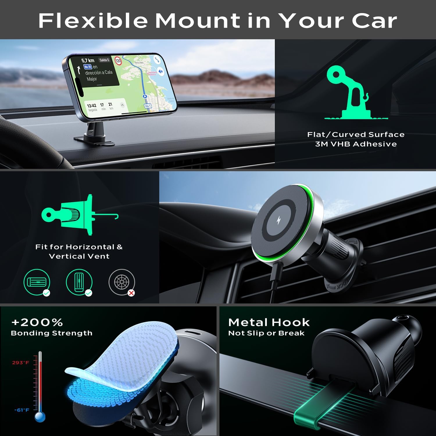 TIKECO Cargador de coche MagSafe, cargador inalámbrico magnético de 15 W, soporte de teléfono para salpicadero de ventilación de aire, soporte