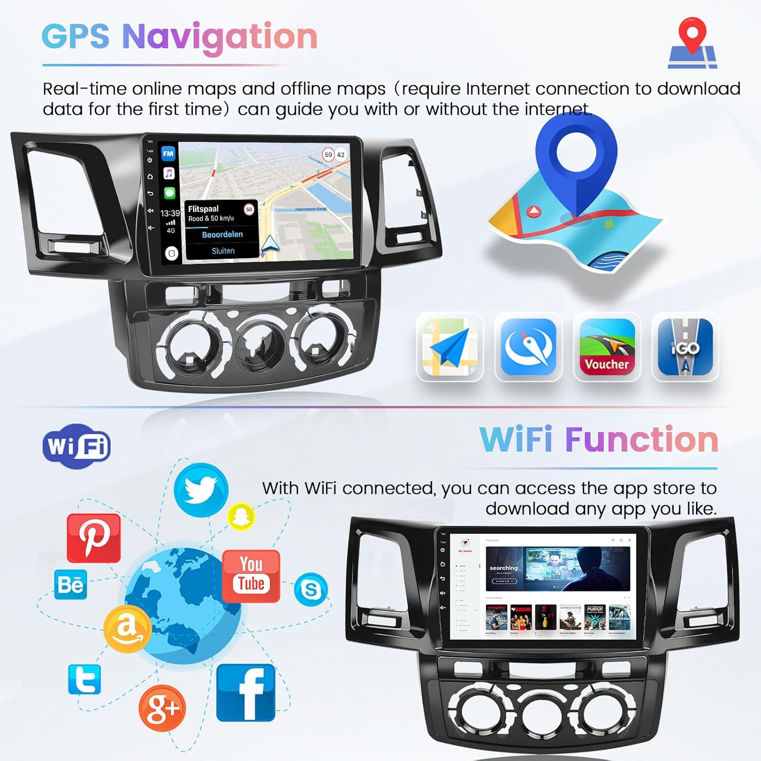 Hikity 2+64 GB para Toyota Fortuner Hilux 2005-2014 Android estéreo del coche con Carplay Android Auto 9 pulgadas pantalla táctil Radio soporte GPS
