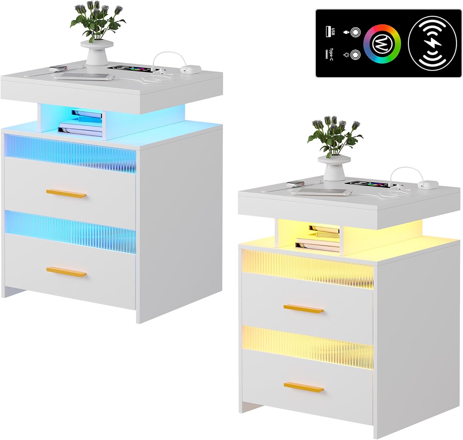WOOVIVS Juego de 2 mesitas de noche LED con estación de carga inalámbrica y puertos USBC, soporte de noche LED de 24 colores con sensor de