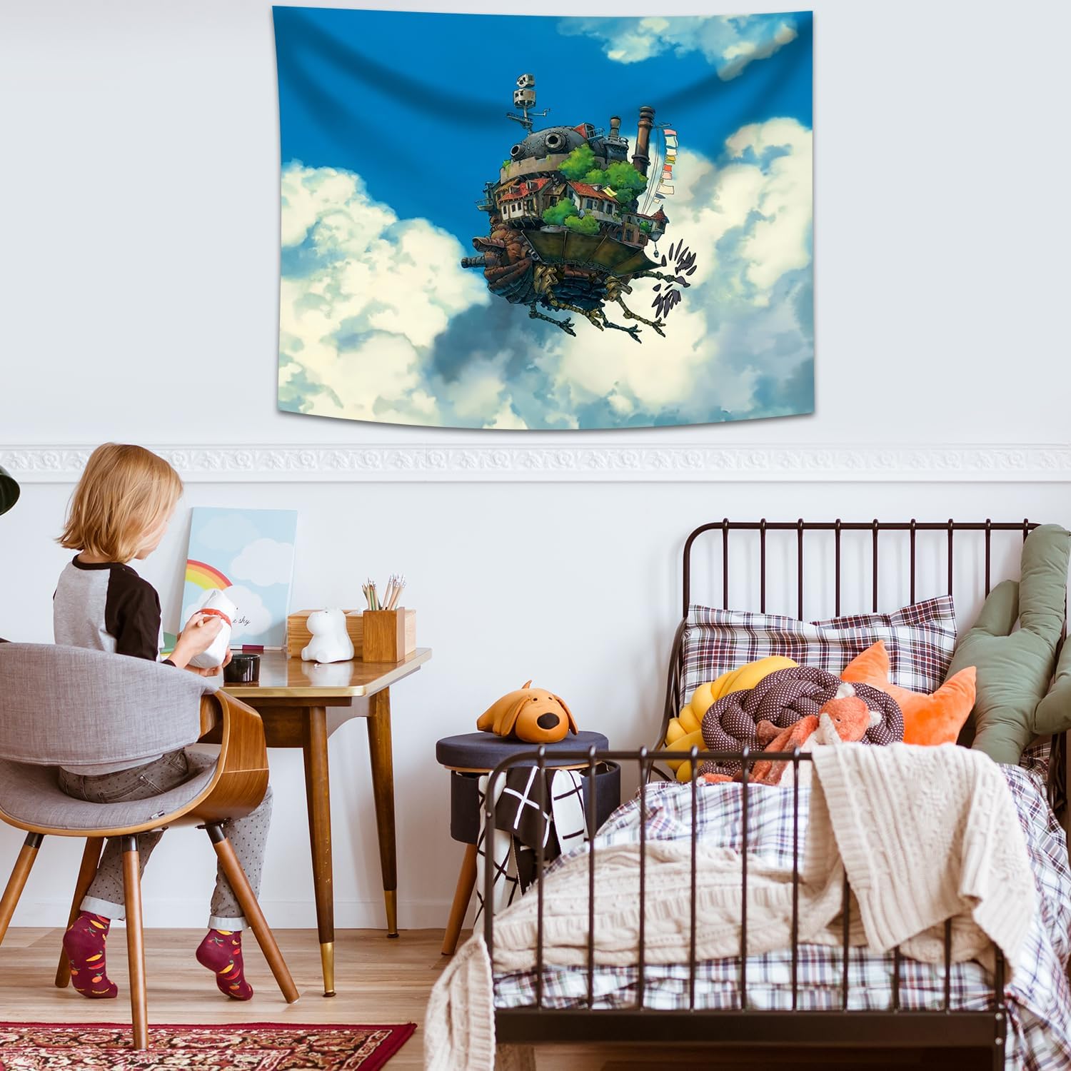 Pounchi Tapiz de anime de castillo (51 x 59 pulgadas con kit de ganchos), tapiz japonés para colgar en la pared, para dormitorio, sala de estar,