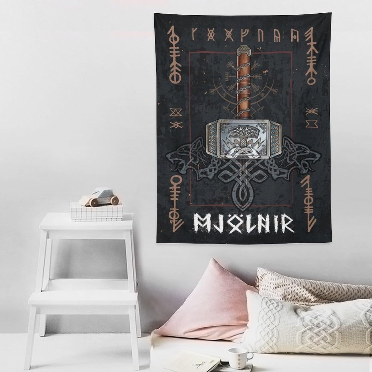 Tapiz de mitología nórdica, tapices de Mjolnir, pintura artística de pared, regalo de sala de estar, impresiones para decoración de dormitorio,