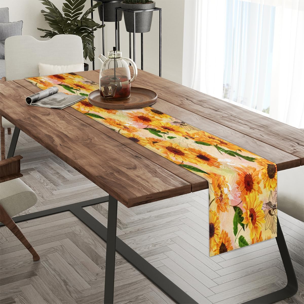 Table Runner Rustic Sunflowers, Rustic Linen Table Cloth for Farmhouse Kitchen, Dinner, Events, Party, Holiday Table Decor 13 x 120 Inches