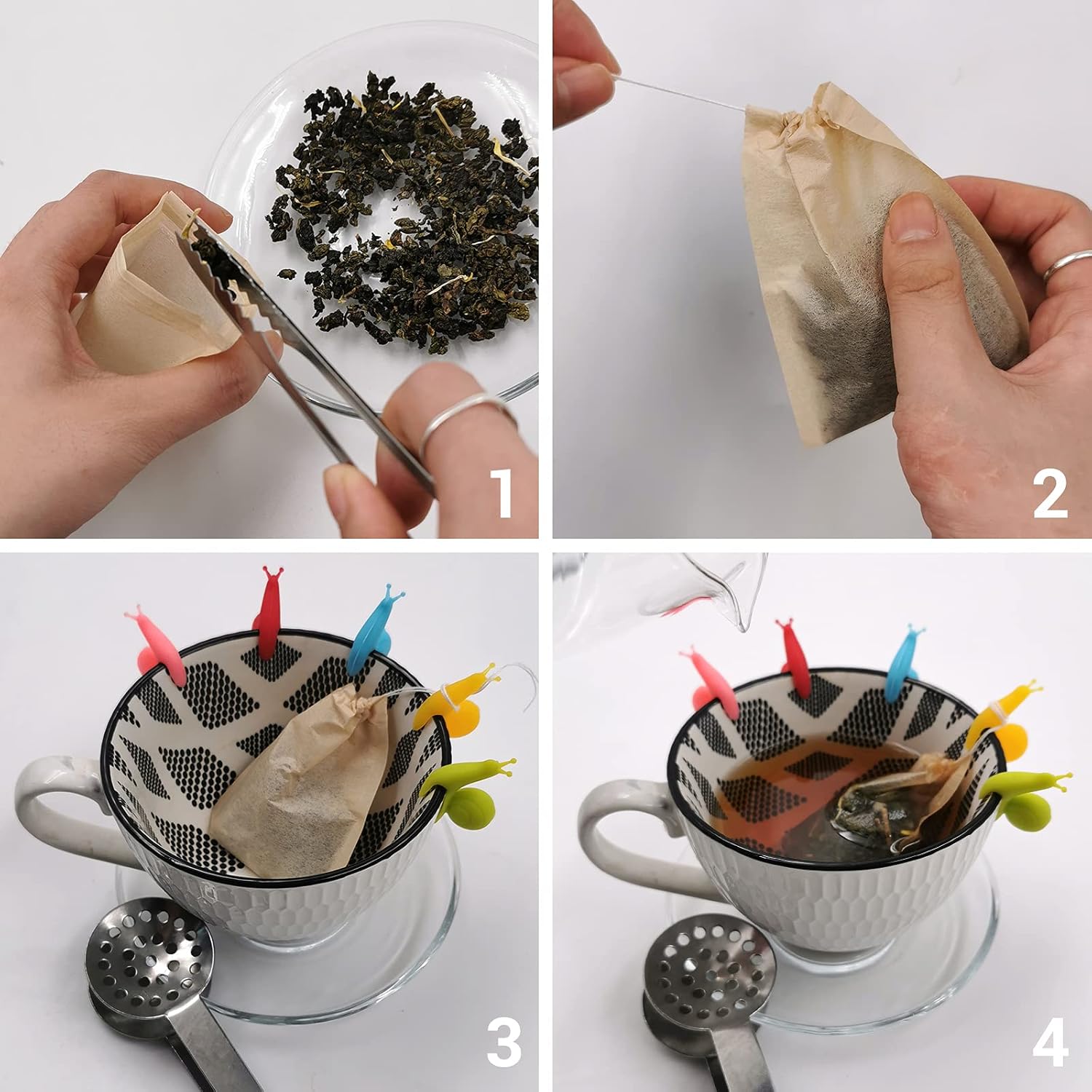 SNAIL GARDEN 300 bolsas de filtro de té, infusor de té para té de hojas sueltas con 1 pinza para bolsa de té y 5 soportes para bolsas de té, papel