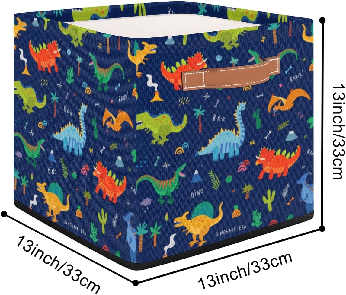 Colección de lindos dinosaurios de dibujos animados, caja de almacenamiento plegable de tela, 13 x 13 x 13 pulgadas, cubos cuadrados con asas, para