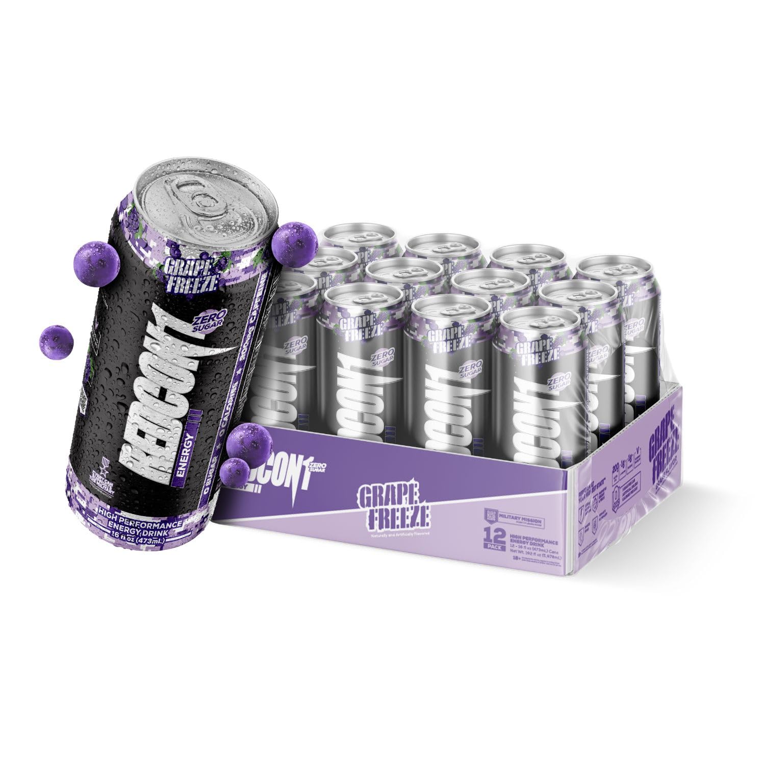REDCON1 Bebida energética de alto rendimiento, congelación de uva, bebida energética sin azúcar con nootrópico Alpha GPC, 200 mg de cafeína natural