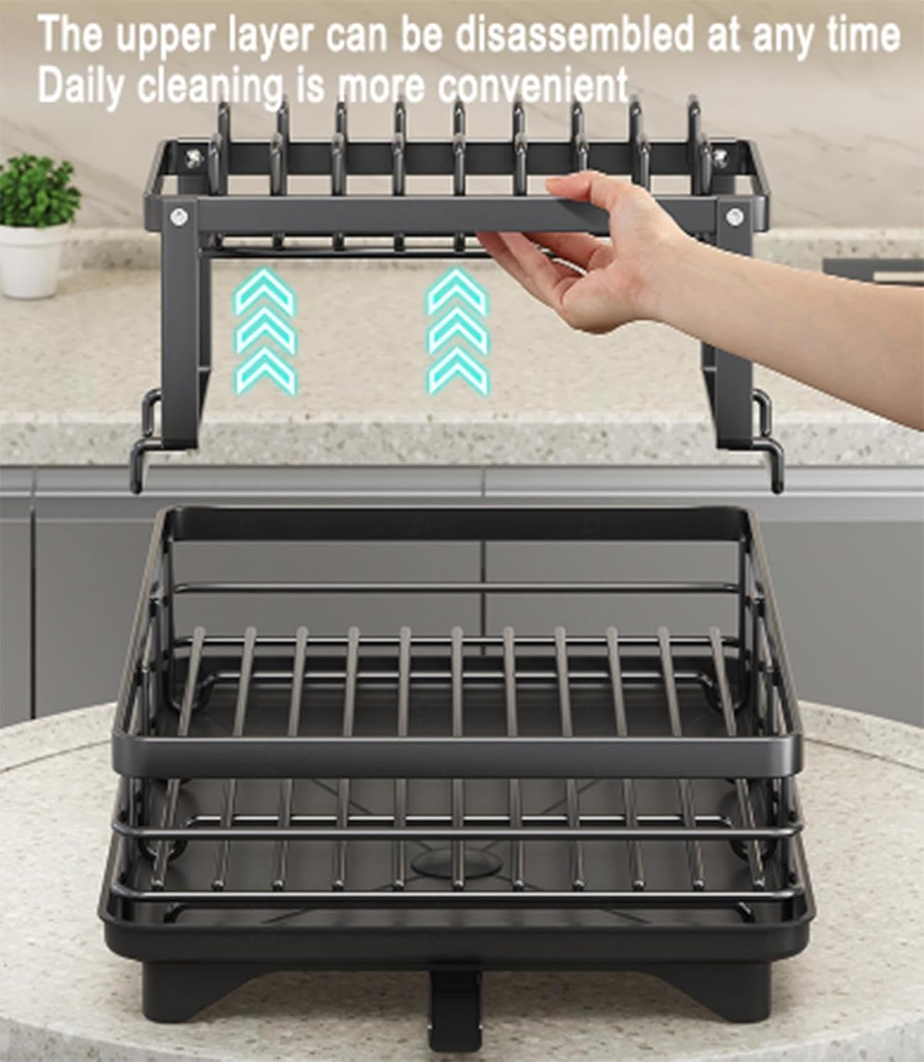 Escurridor grande de 2 niveles para encimera de cocina, escurridor de platos con soporte extraíble para utensilios, escurridor de platos desmontable