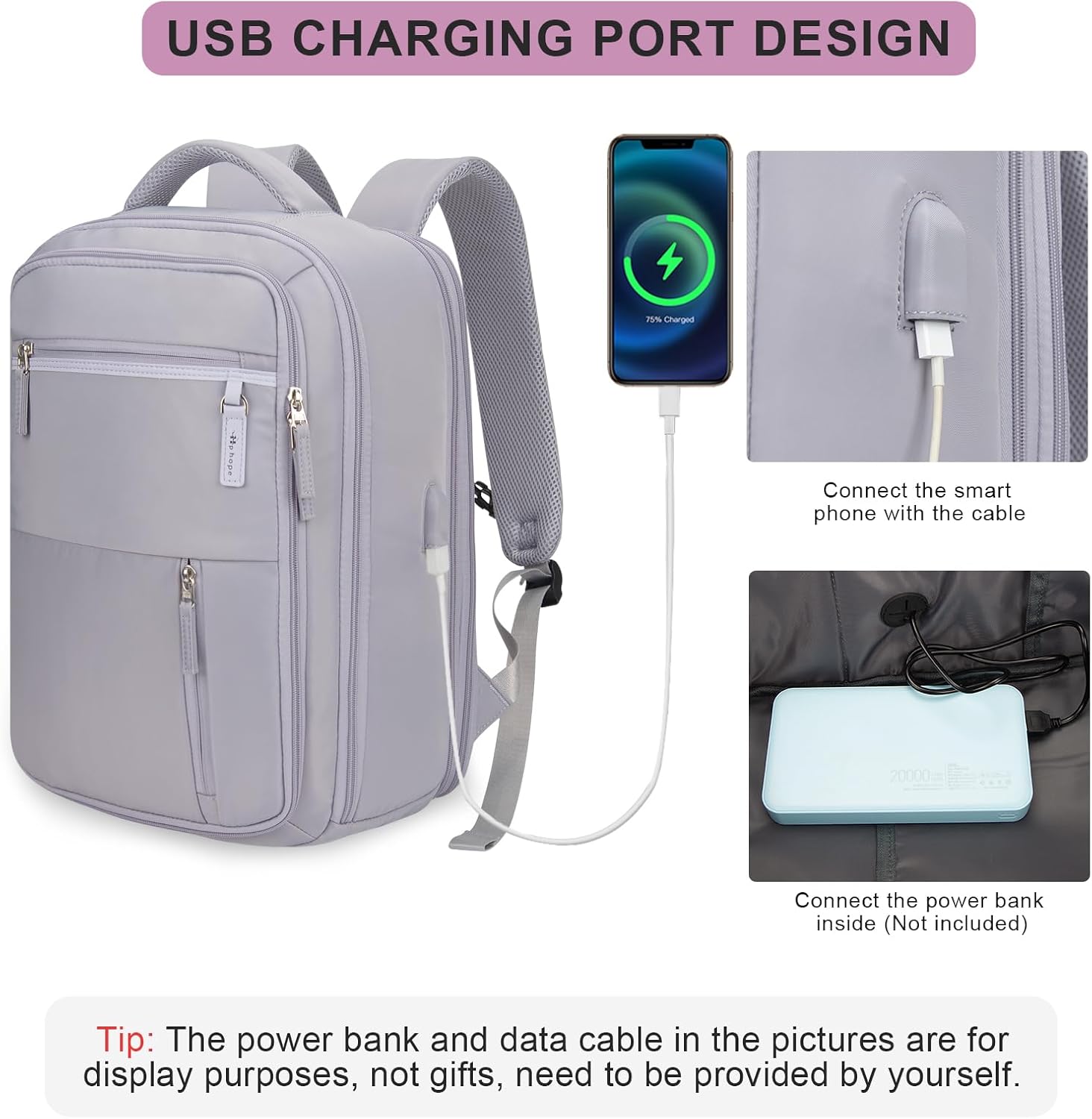 Hp hope Mochila de viaje para mujer, mochila extra grande para laptop con puerto de carga USB para senderismo, mochila de negocios de fin de semana,