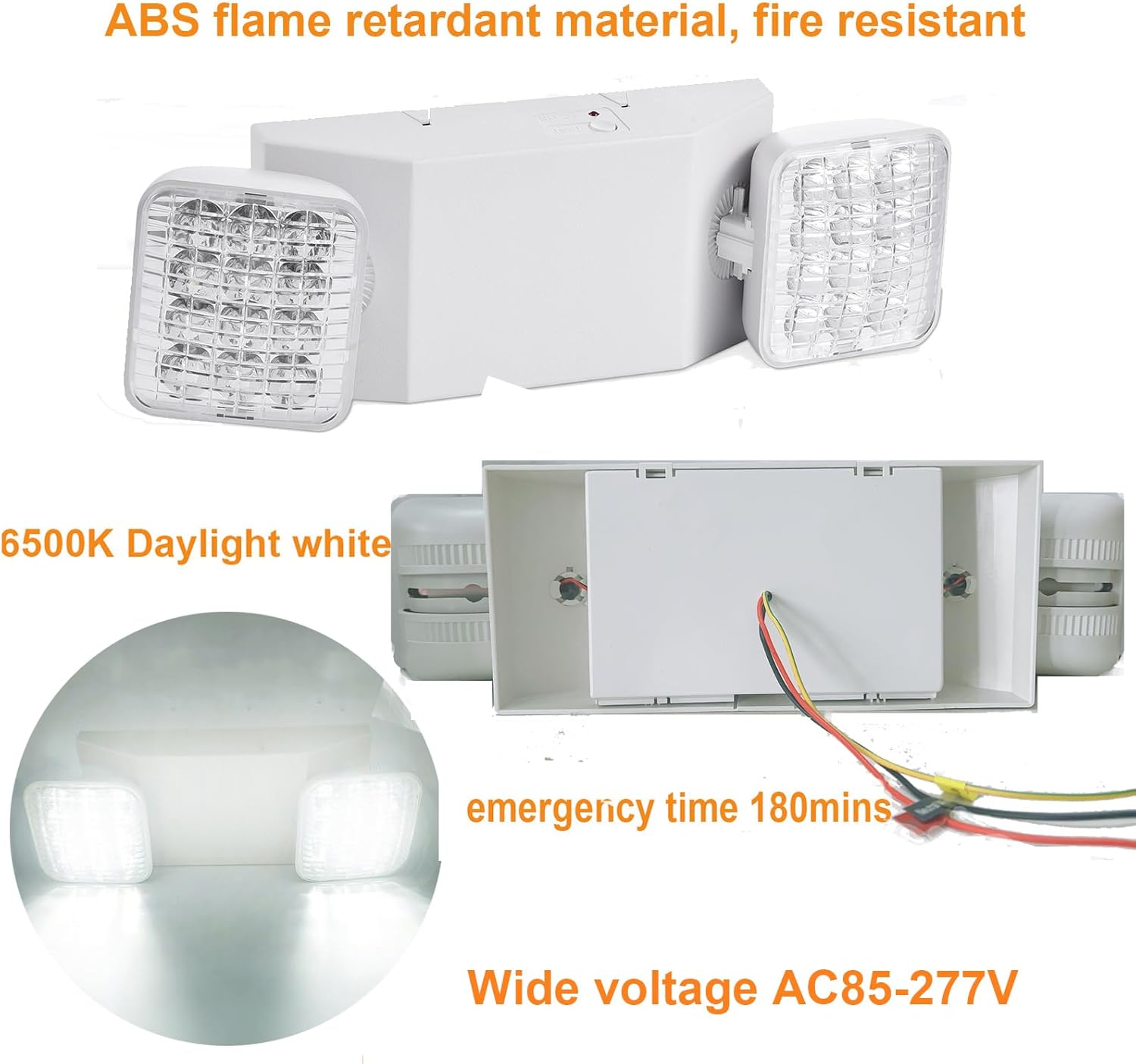 Luz de emergencia LED con batería de respaldo, dos cabezales LED ajustables, luz de emergencia comercial, 110-277 V CA, luz de emergencia con