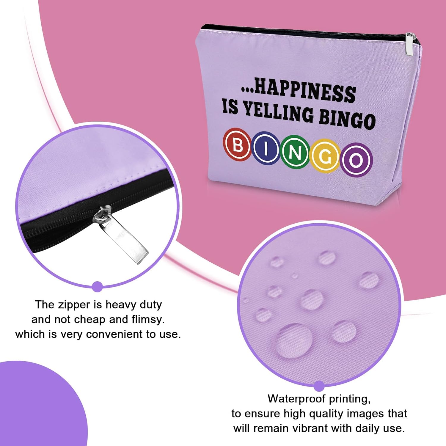 Bolsa de maquillaje de regalo para amantes del bingo, Verde, rosa y morado