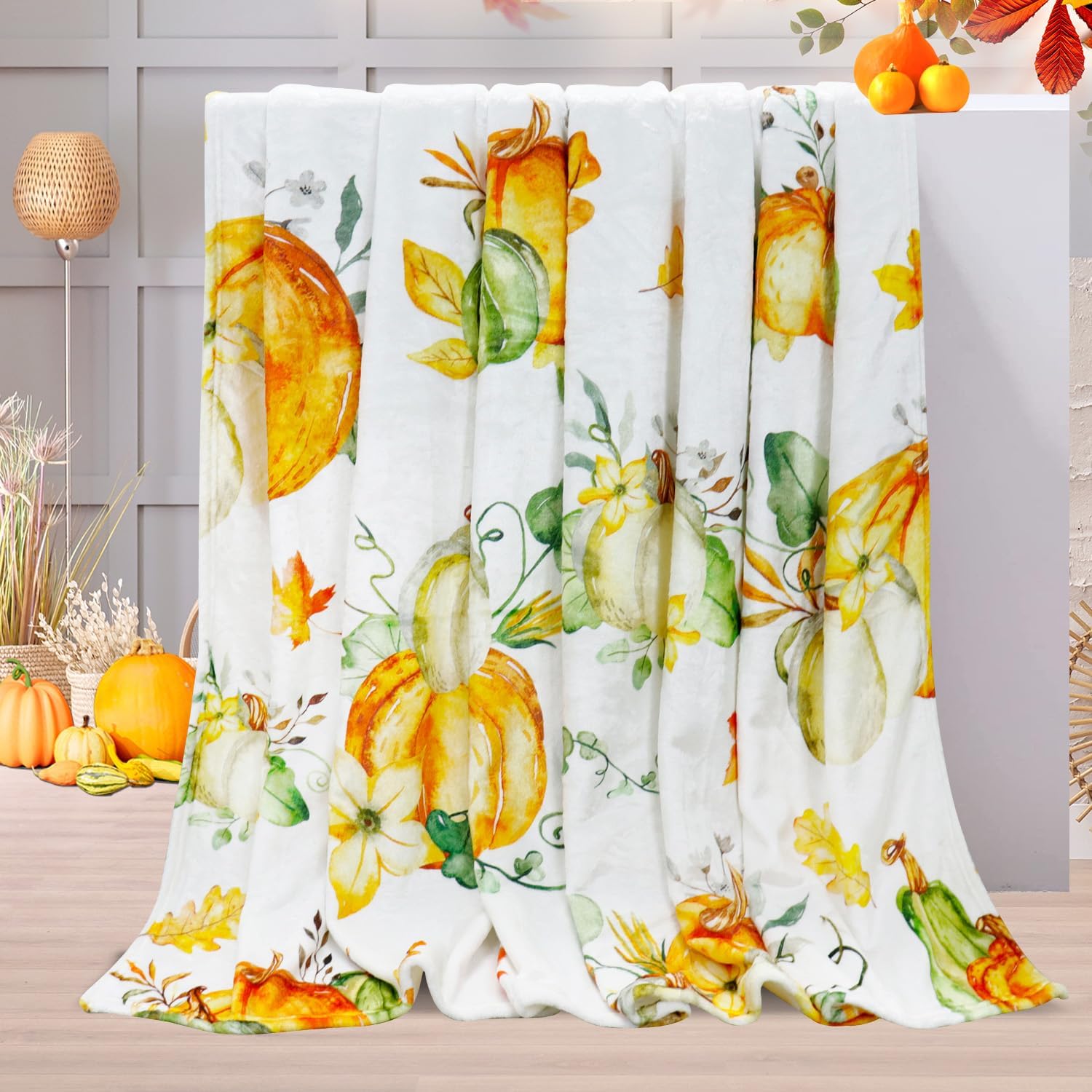 Tupmnbry Manta de otoño de calabaza, decoración de Acción de Gracias, manta de hojas de otoño, manta de franela súper suave para cama, sofá y