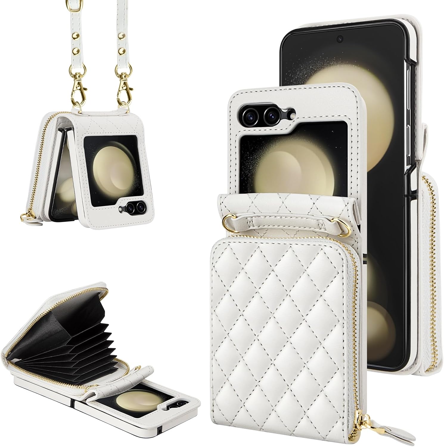 Vofolen Funda para Samsung Galaxy Z Flip 5 con tarjetero, funda cruzada de 8 ranuras para tarjetas con correa ajustable, piel sintética suave con