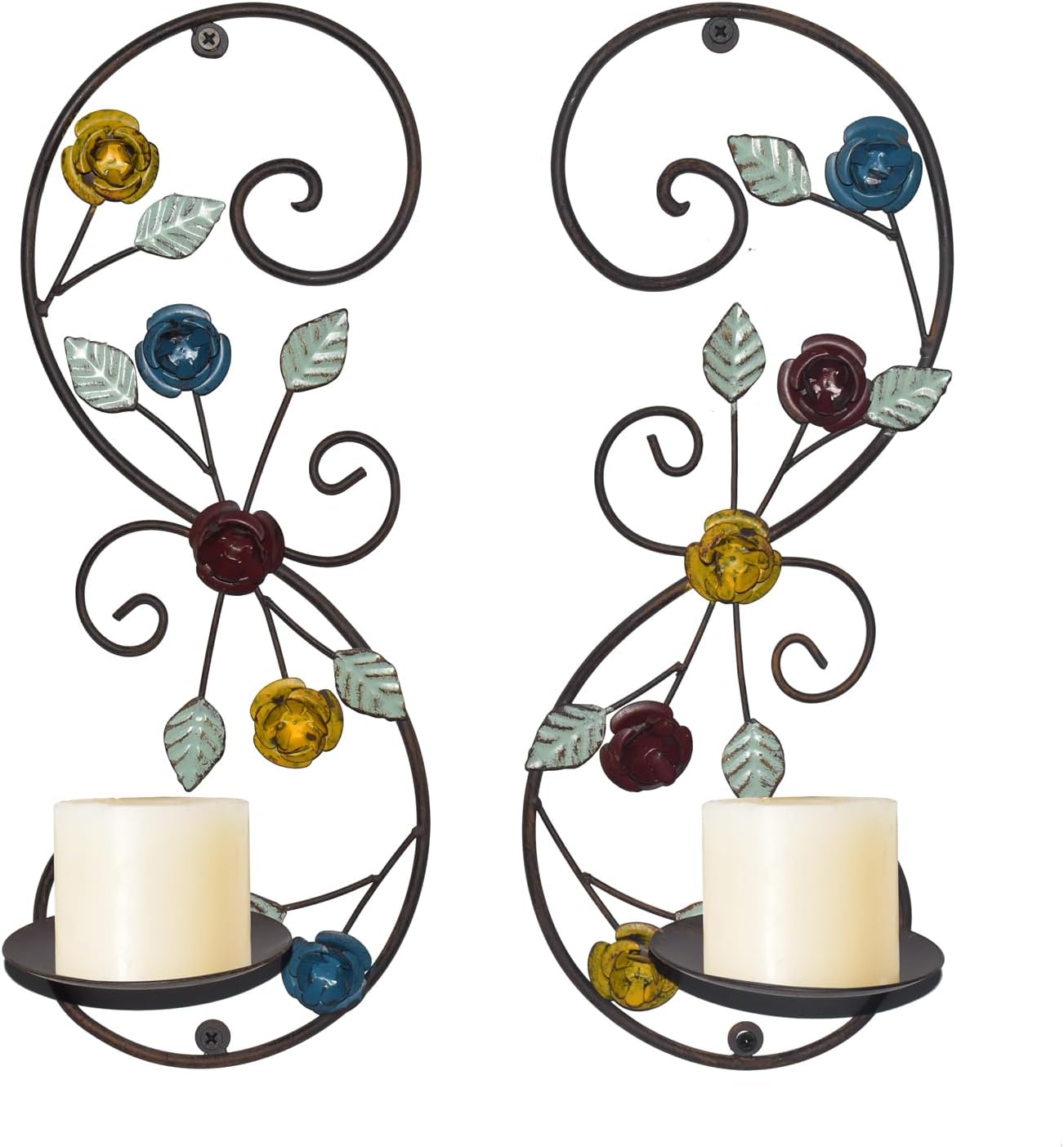 Juego de 2 candelabros de pared, diseño de ramas de hojas multicolor antiguas, soporte de pared de metal para colgar velas para sala de estar,