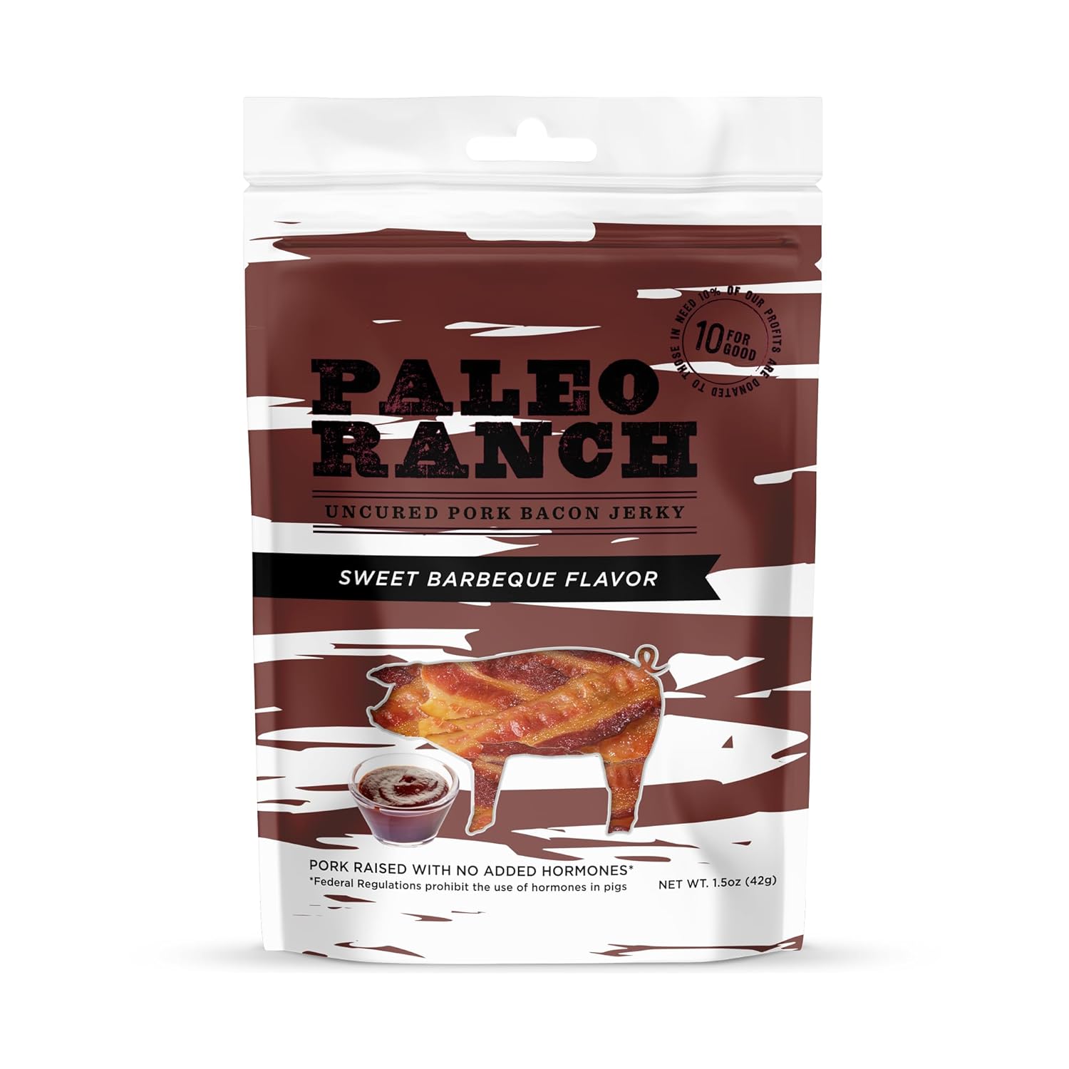 PALEO RANCH Cecina de tocino sin curar, barbacoa dulce, sin hormonas añadidas, sin conservantes, bolsas de 1.5 onzas, (paquete de 8)
