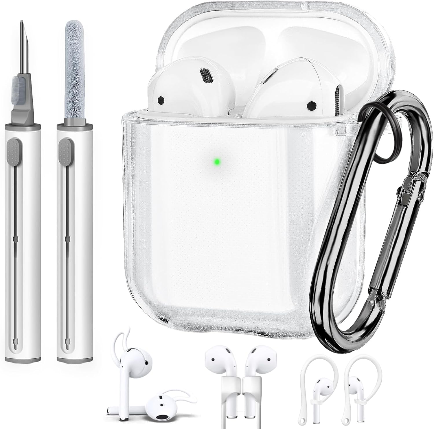 Funda para AirPods de 2 generación y 1 generación con kit de limpieza, correa antipérdida, cordón deportivo y cubierta de ganchos para las orejas (2