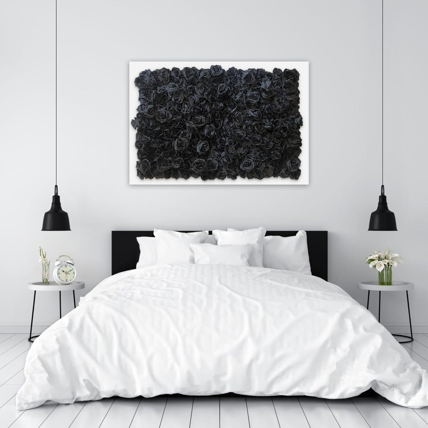 Arte artificial para pared, ensamblado en una variedad de colores y estilos (rosas negras, marco blanco, 45 x 30 pulgadas)