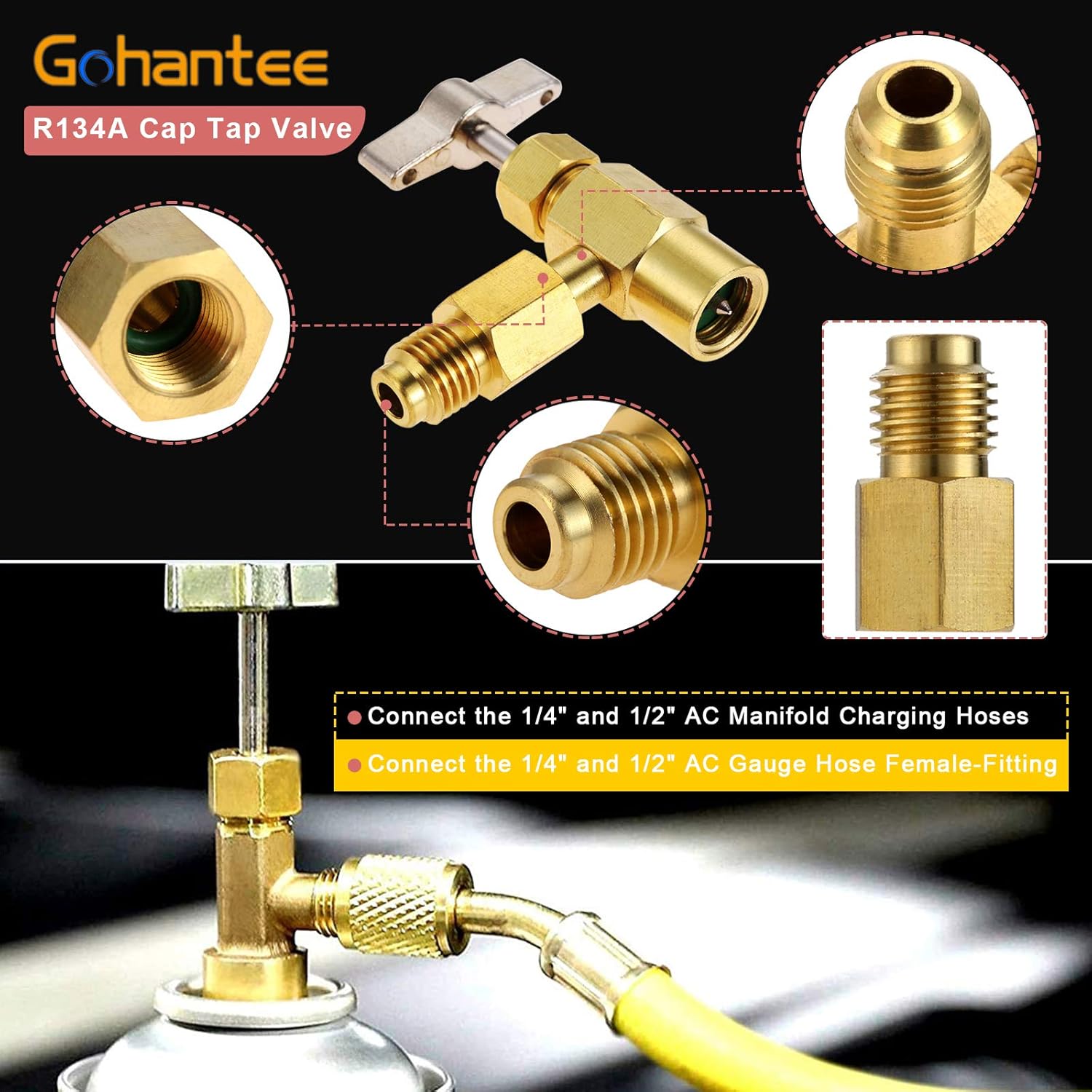 Adaptador de acoplador rápido ajustable de CA R134A, kit alto y bajo con válvula de grifo de perforación R134A, adaptador de tanque R134A, 2
