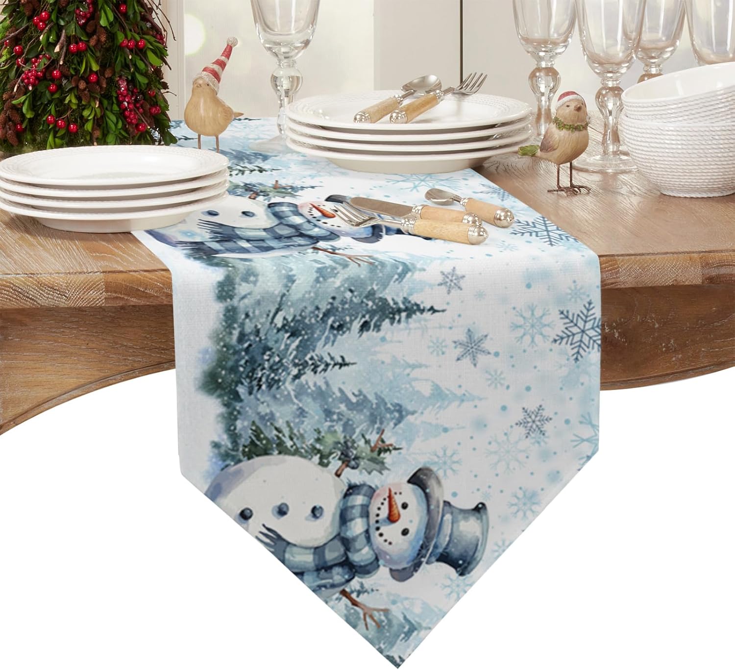 Camino de mesa navideño de invierno, lindo muñeco de nieve, acuarela, árbol de Navidad, bufanda, decoración de mesa para el hogar, cocina, comedor,