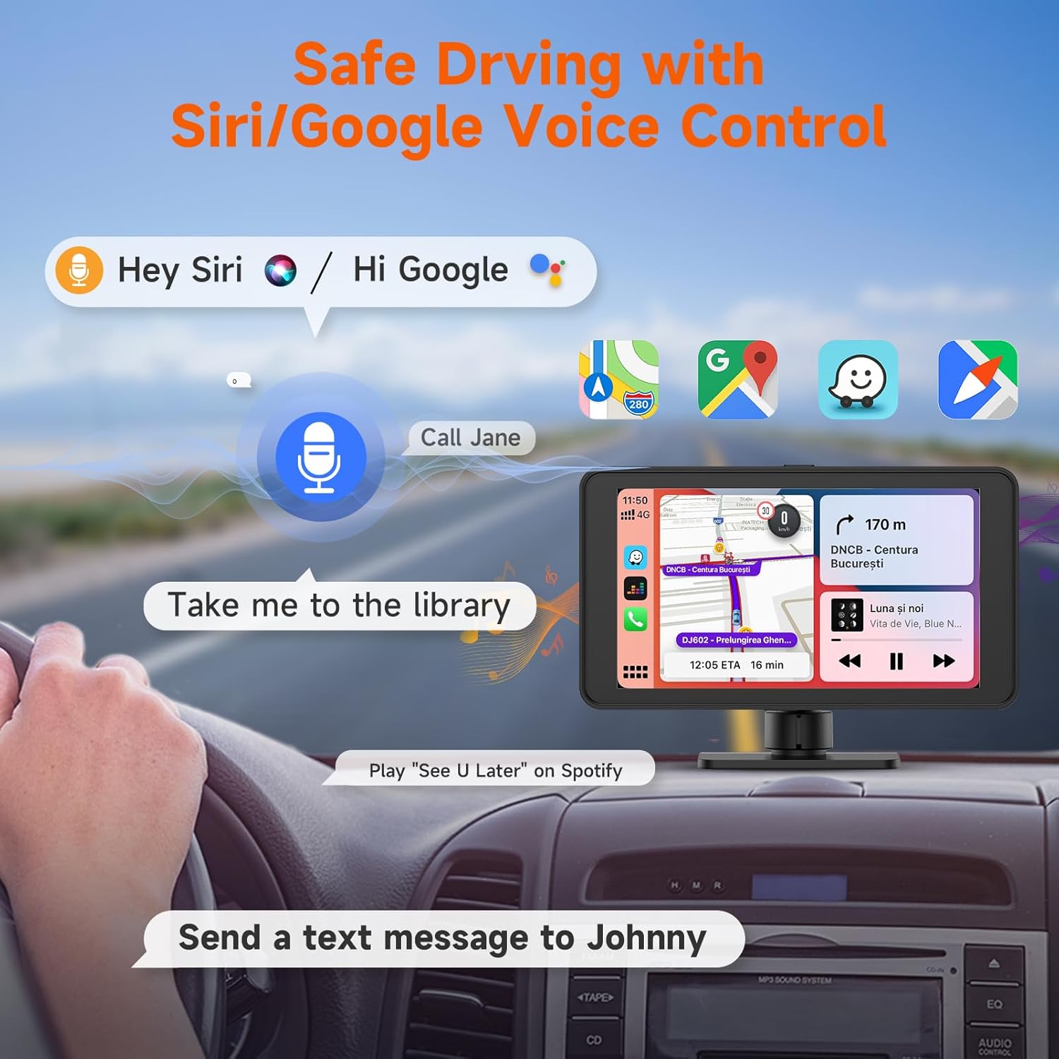 Spedal Receptor inalámbrico CarPlay y Android Auto CL518, cámara de tablero Ultra HD de 2.5K, audio Bluetooth, comando de voz, carga rápida
