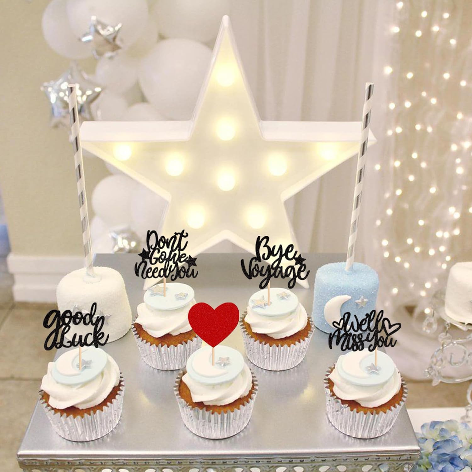 30 piezas de adornos para cupcakes con purpurina We Will Miss You Don’t Go We Need You Bye Voyage Good Luck Heart Cupcake Picks para despedida,