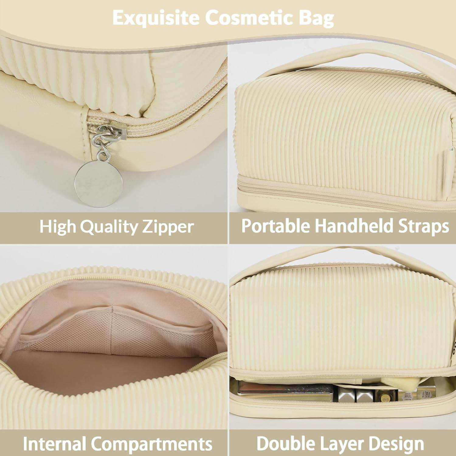 Bolsa de maquillaje de doble capa, beige (A-Beige)