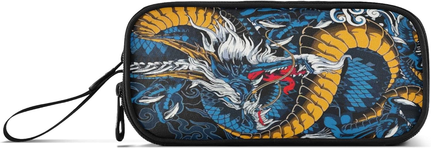Fisyme Estuche para lápices de dragón azul de dibujos animados, caja de gran capacidad, para maquillaje, organizador de papelería, para escuela,