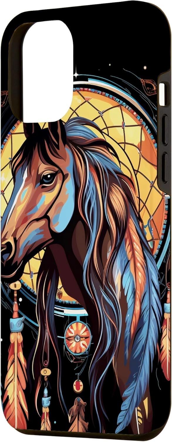 Funda tribal para iPhone 12 Pro Max Horse Dreamcatcher nativo americano plumas