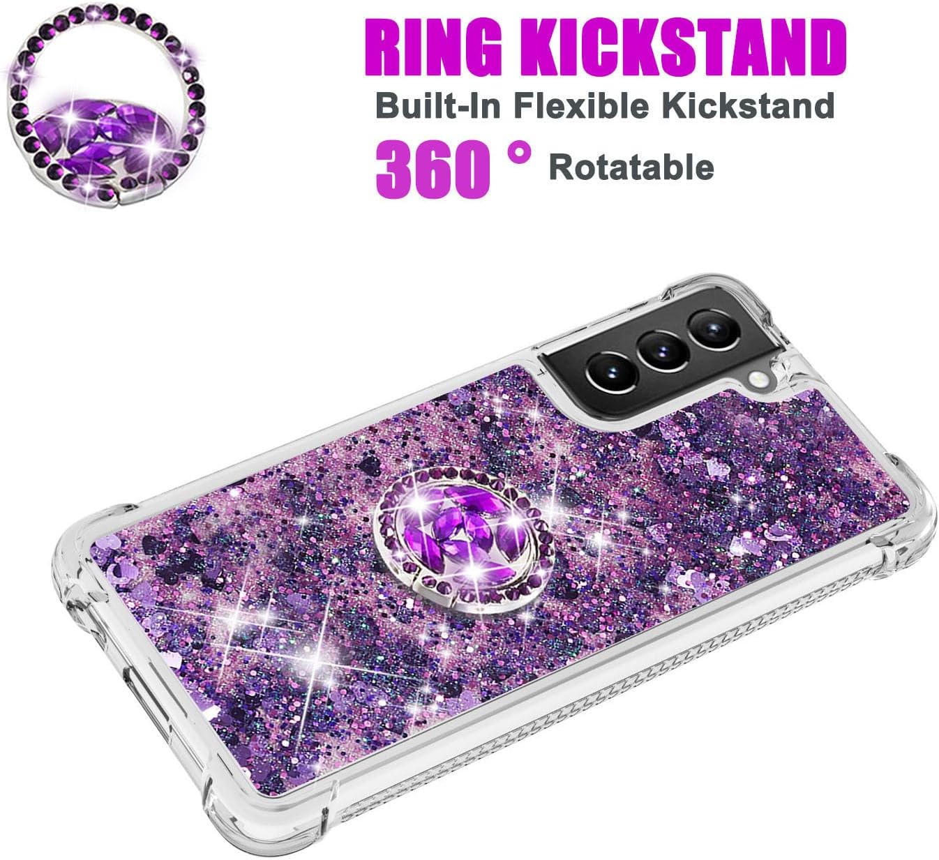 Asuwish Funda de teléfono para Samsung Galaxy S21 5G de 6.2 pulgadas con protector de pantalla y soporte para anillo con purpurina líquida brillante
