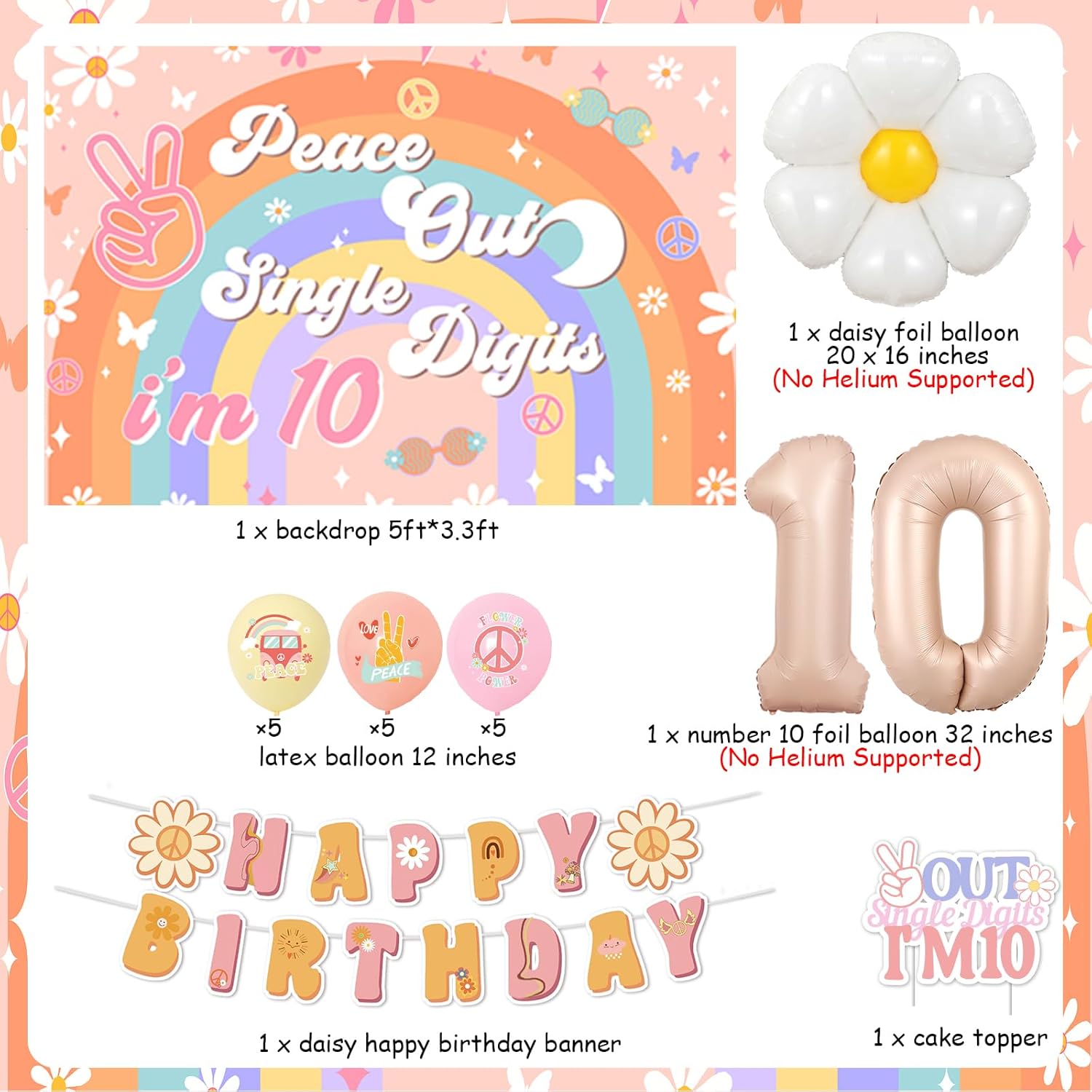 Peace Out – Decoración de fiesta de un solo dígito para niña, Groovy decoraciones de cumpleaños número 10, pancarta bohemia de feliz cumpleaños,