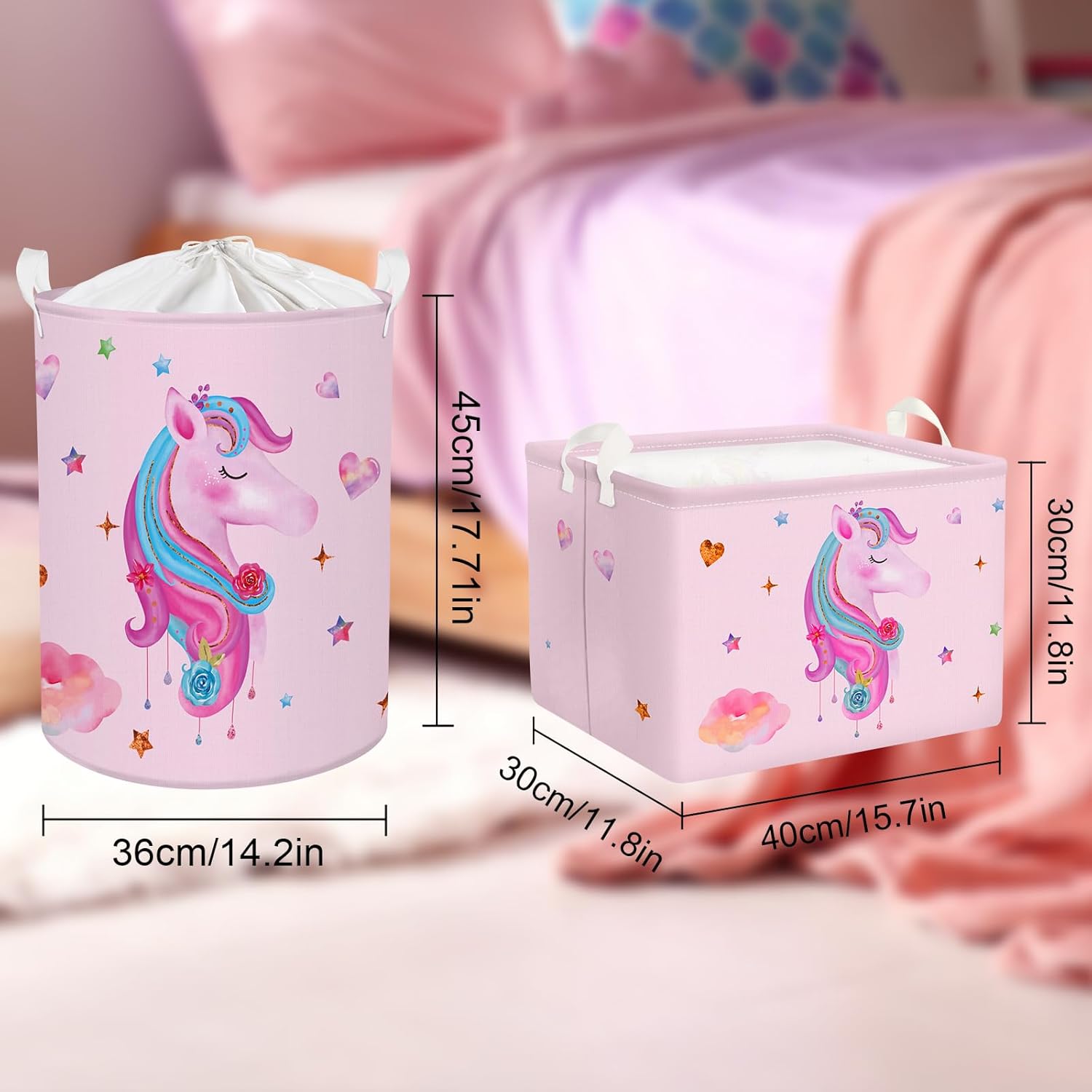 Clastyle Adorable cesta rectangular con diseño de unicornio rosa, estrella de nube, corazón, ropa, libros, cubo de almacenamiento de juguetes, 36L