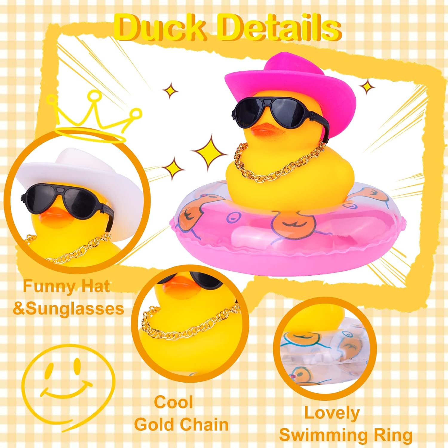2 adornos de pato para automóvil, decoración de tablero de automóvil de pato amarillo con mini anillo de natación, collar de sombrero de vaquero y
