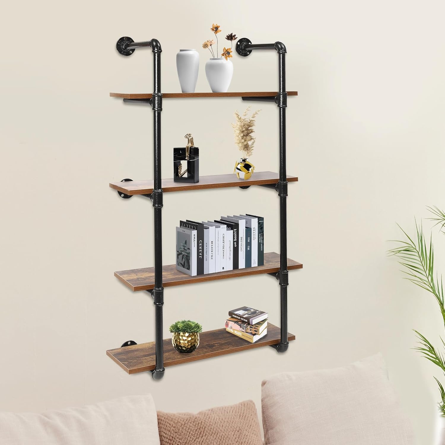 EurHomePlus Estantes flotantes de metal de 4 niveles para montar en la pared, estantería abierta, estantes de madera real Steampunk, estante de