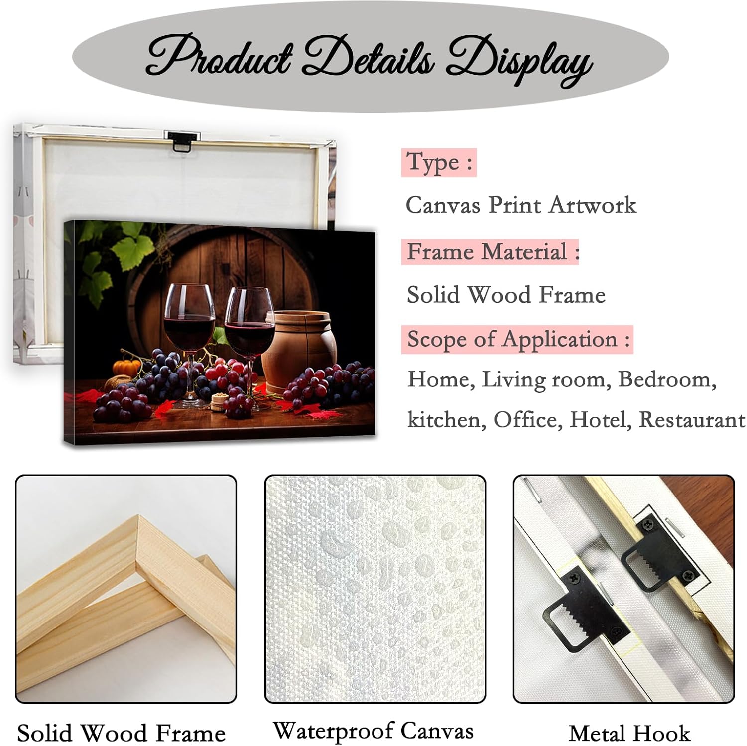 QIXIANG Cuadro de vino tinto para decoración de pared, diseño de barril de madera de uva, vino, impresiones en lienzo para decoración de