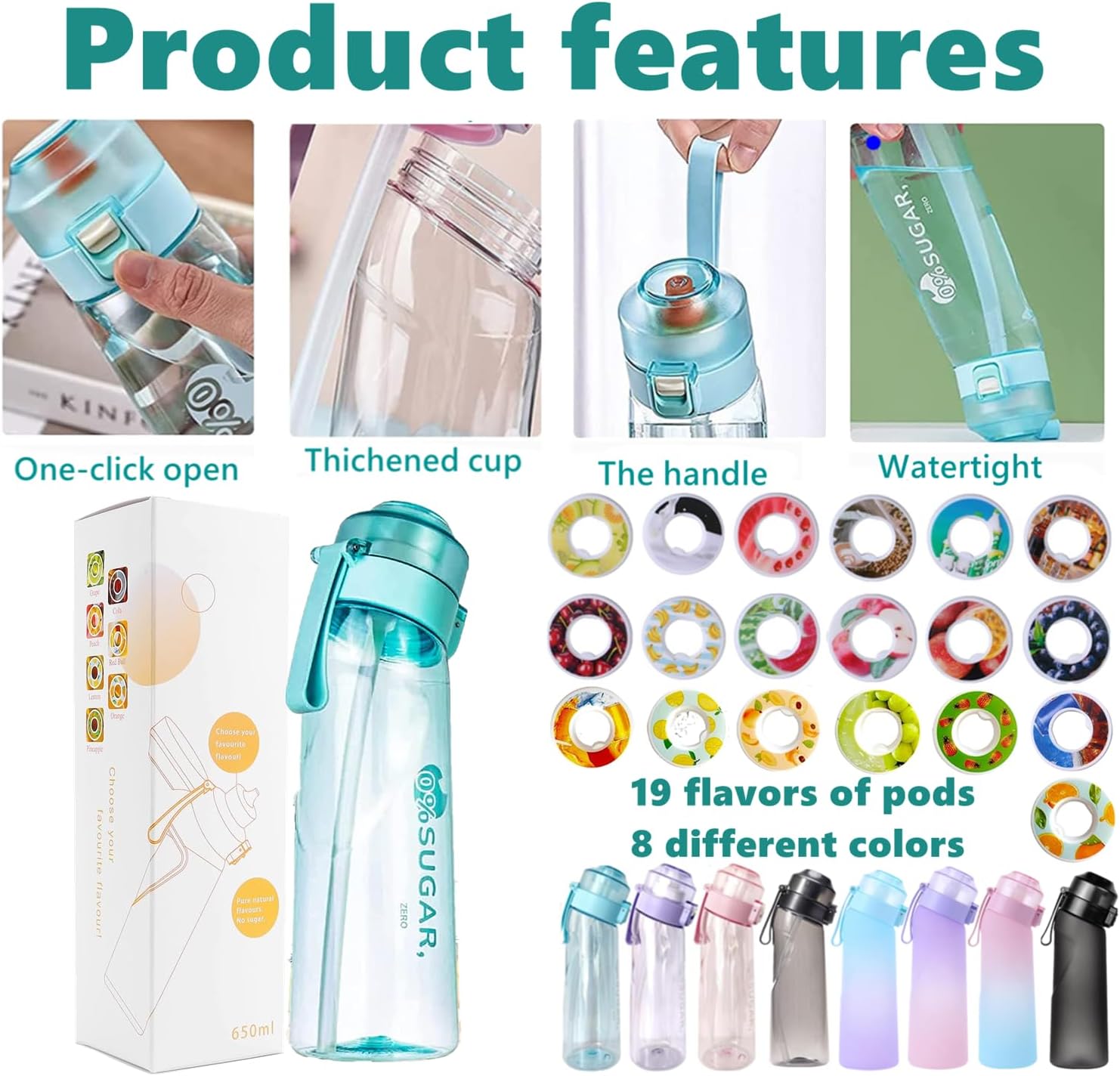 Botella de agua deportiva sin BPA, juego de botellas para beber, botella de agua con fragancia de fruta de 22.1 fl oz, con 7 cápsulas de sabor %0