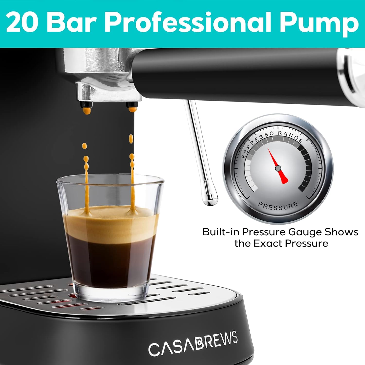 CASABREWS Máquina de café expreso de 20 bares, cafetera de café espresso de acero inoxidable con espumador de leche, máquina de capuchino compacta