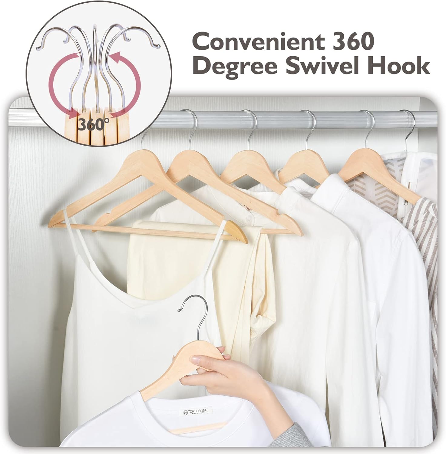 Edergoo Perchas de madera, paquete de 30 perchas de madera con gancho giratorio de 360 grados y barra antideslizante para pantalones, acabado liso
