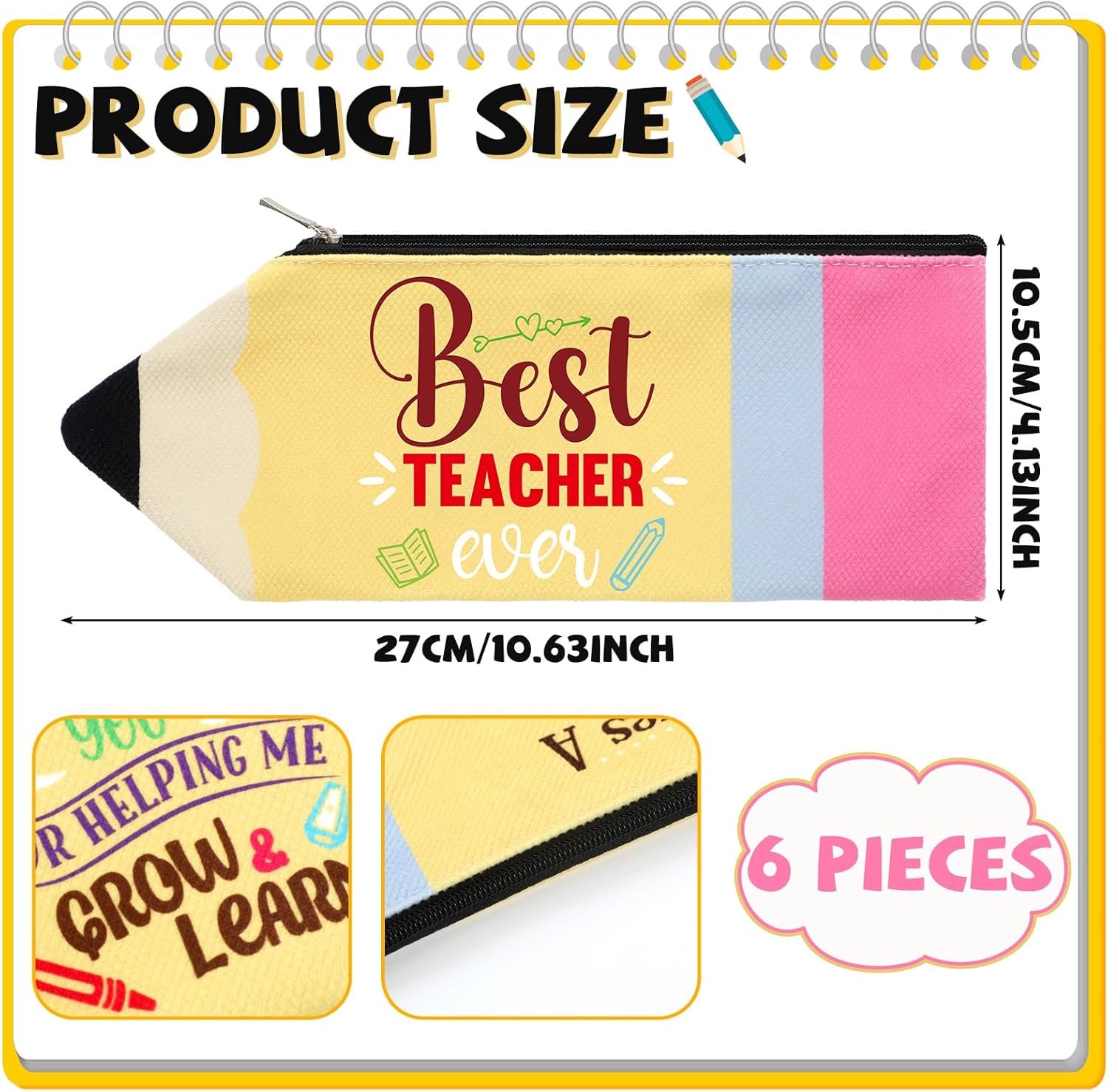 Kisston 6 estuches para lápices Kawaii con forma de lápiz, bolsa portátil para lápices con cremallera, bonita bolsa para bolígrafos para regalos de