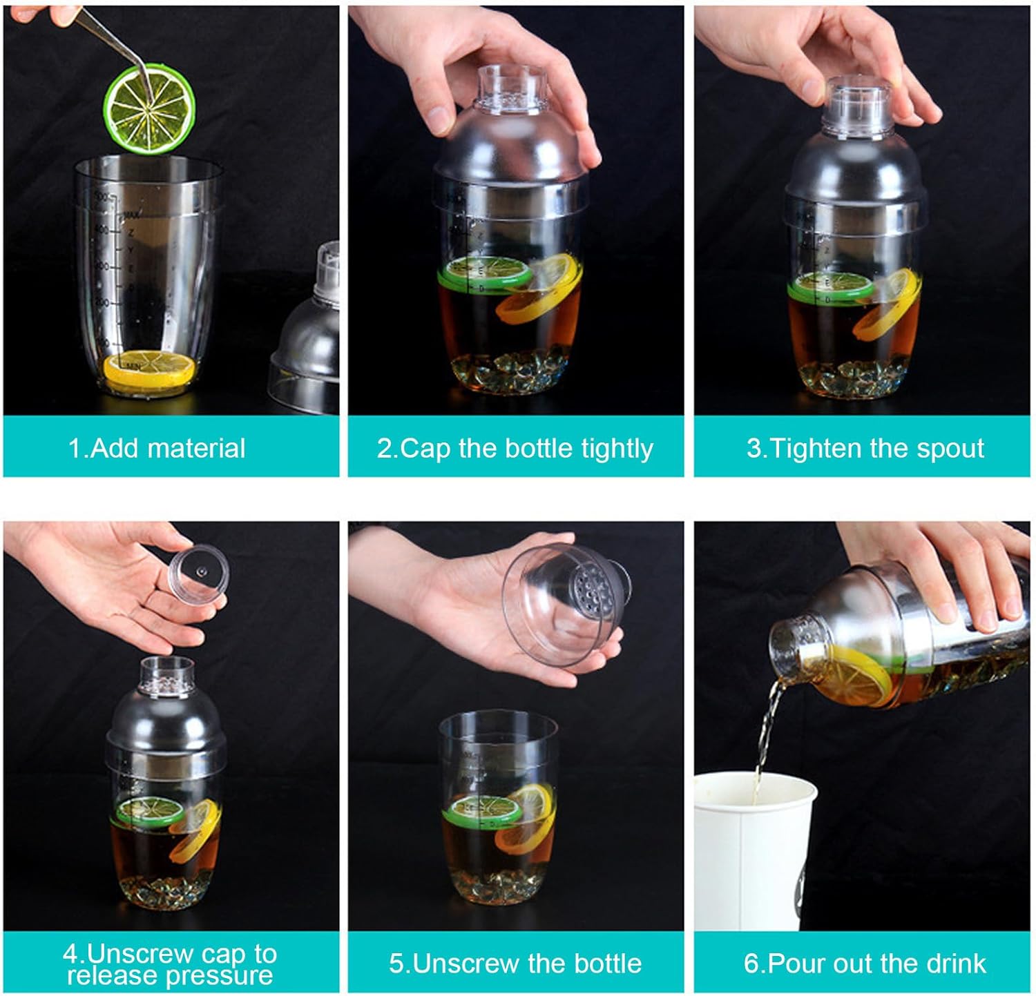 Juego de 6 cocteleras de plástico de 17 onzas, coctelera y jigger de medición, herramienta de mezcla de vino, mezclador de bebidas con marca,