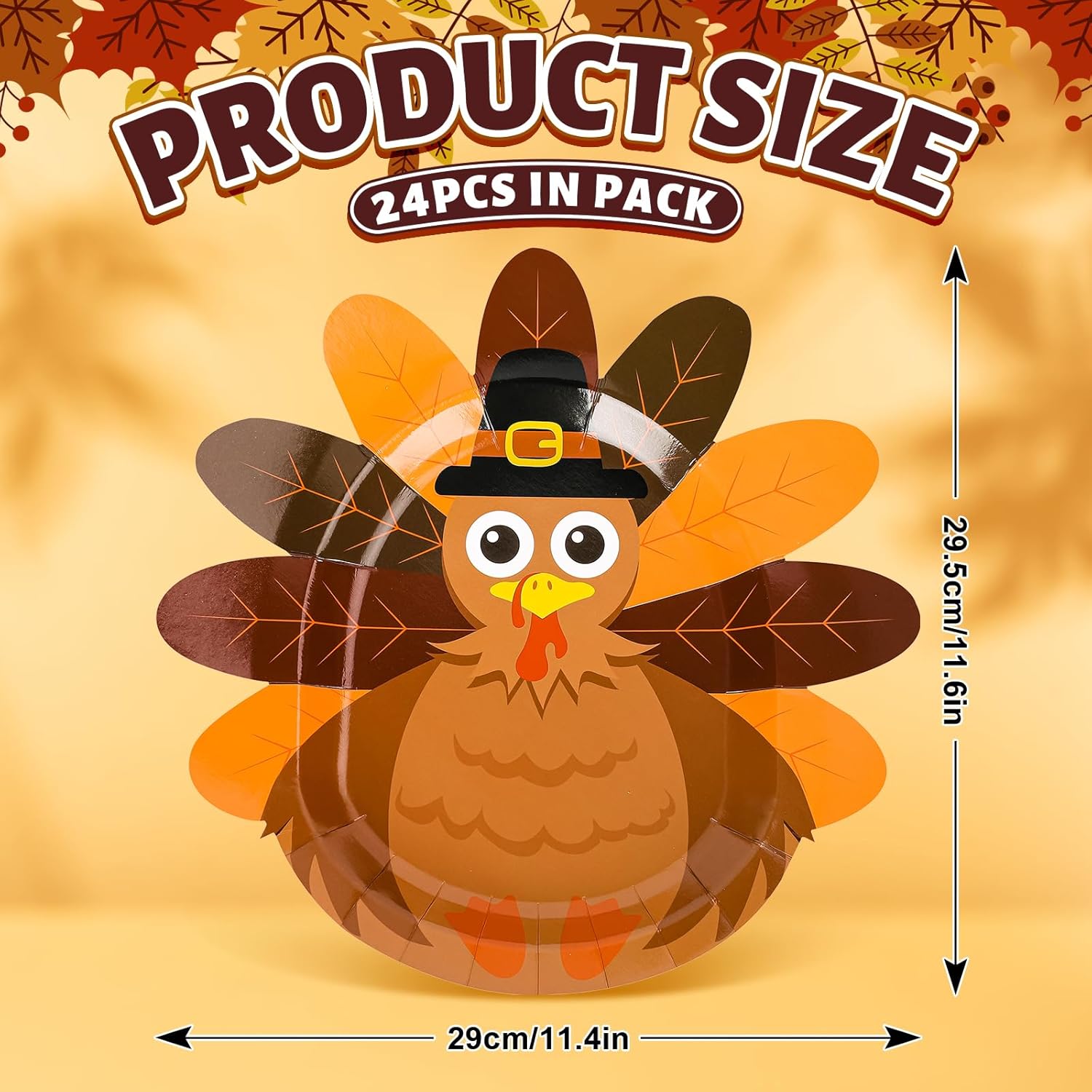 Whaline 24 platos de papel de Acción de Gracias, lindos platos desechables con forma de pavo, vajilla decorativa con patrón de pavo para otoño,