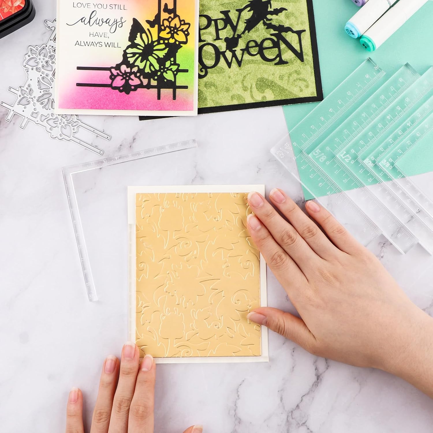 Juego de 9 piezas de posicionamiento creativo, esquinas de tarjetas, ayudantes con herramienta de carpeta de huesos, esquinas de estampado,