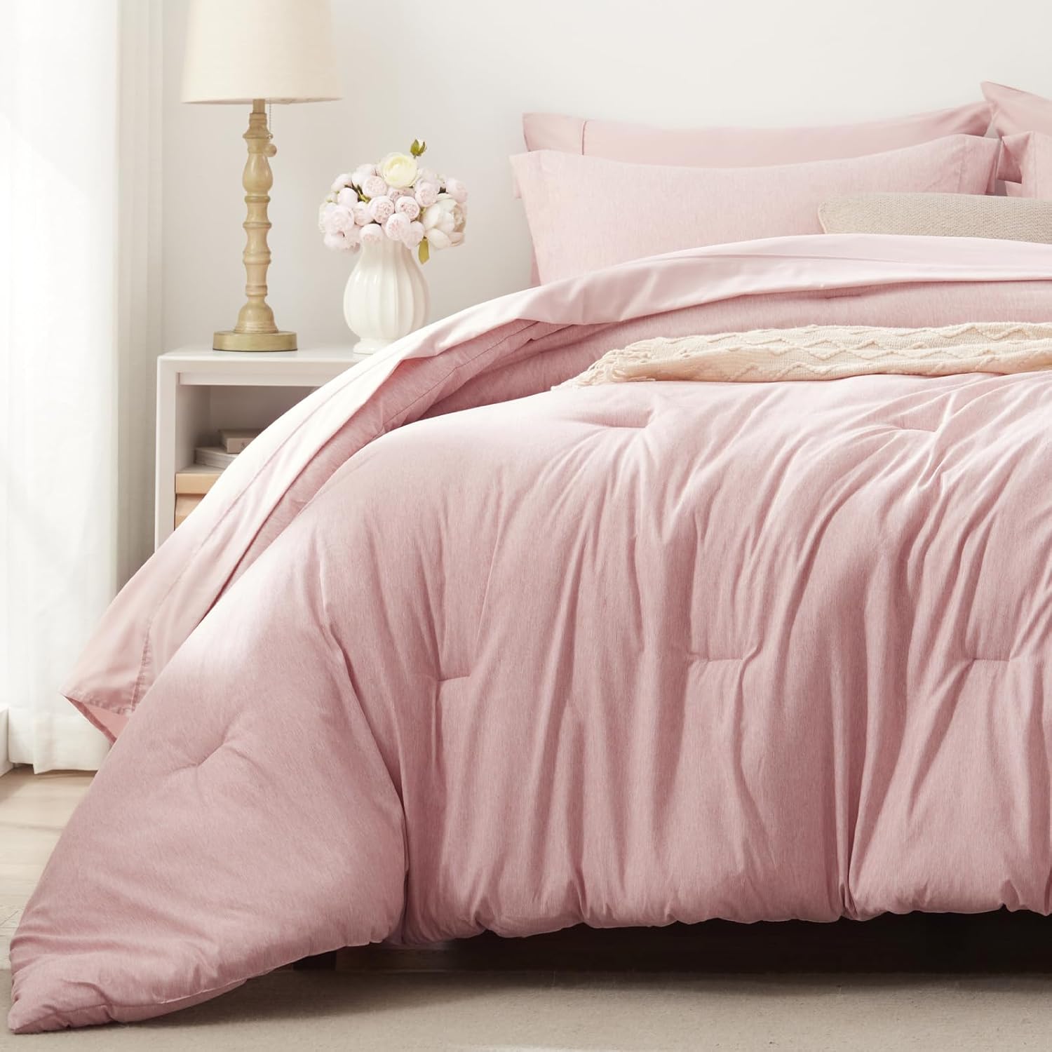 UNILIBRA Juego de edredón matrimonial de 7 piezas, cama rosa en una bolsa, tamaño matrimonial, suave para todas las estaciones, juegos de edredón de