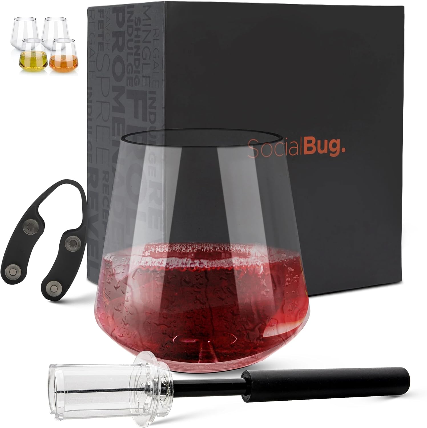 SocialBug Copas de vino irrompibles sin tallo con bomba de aire, abridor de vino y cortador de papel de aluminio, juego de 4, 15 onzas