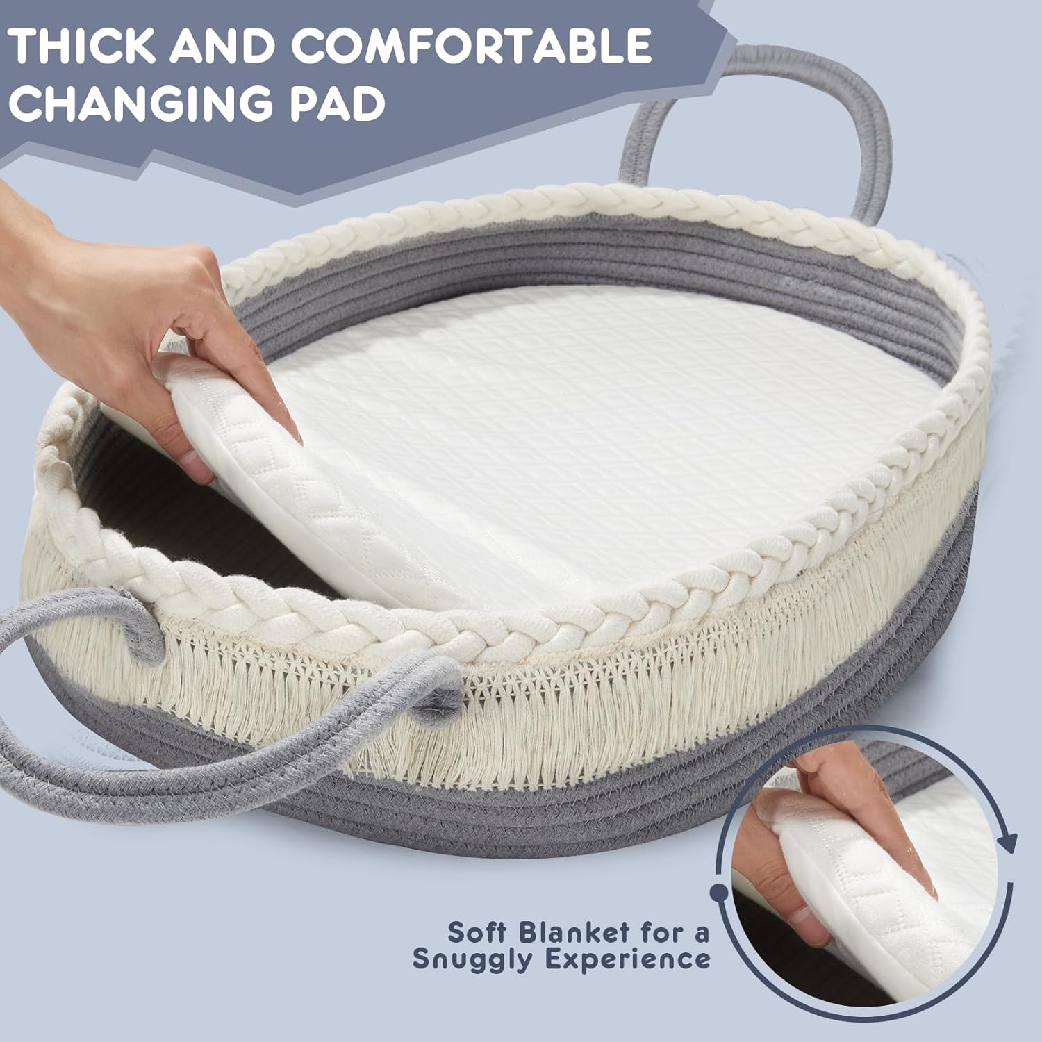 Cesta cambiadora para bebé, cesta de moisés con almohadilla impermeable y manta, cesta tejida portátil y lavable para tocador y cambio de pañales